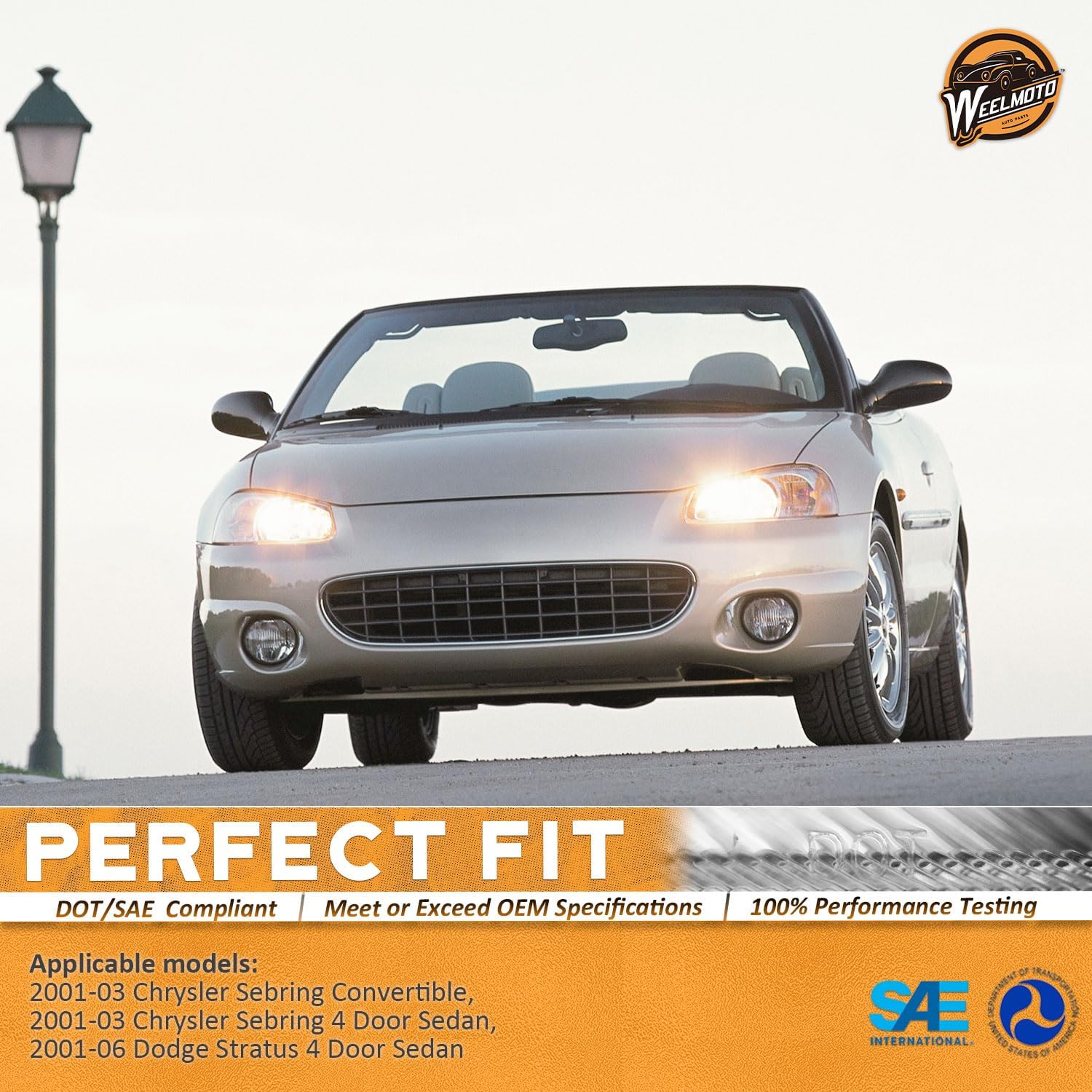 WEELMOTO Headlights Assembly Pair For 2001-2006 Dodge Stratus 4 Door Sedan, Halogen Headlight Assembly For 2001-2003 Chrysler Sebring 4-Dr Sedan Headlamp Chrome Housing Amber Reflector with bulbs