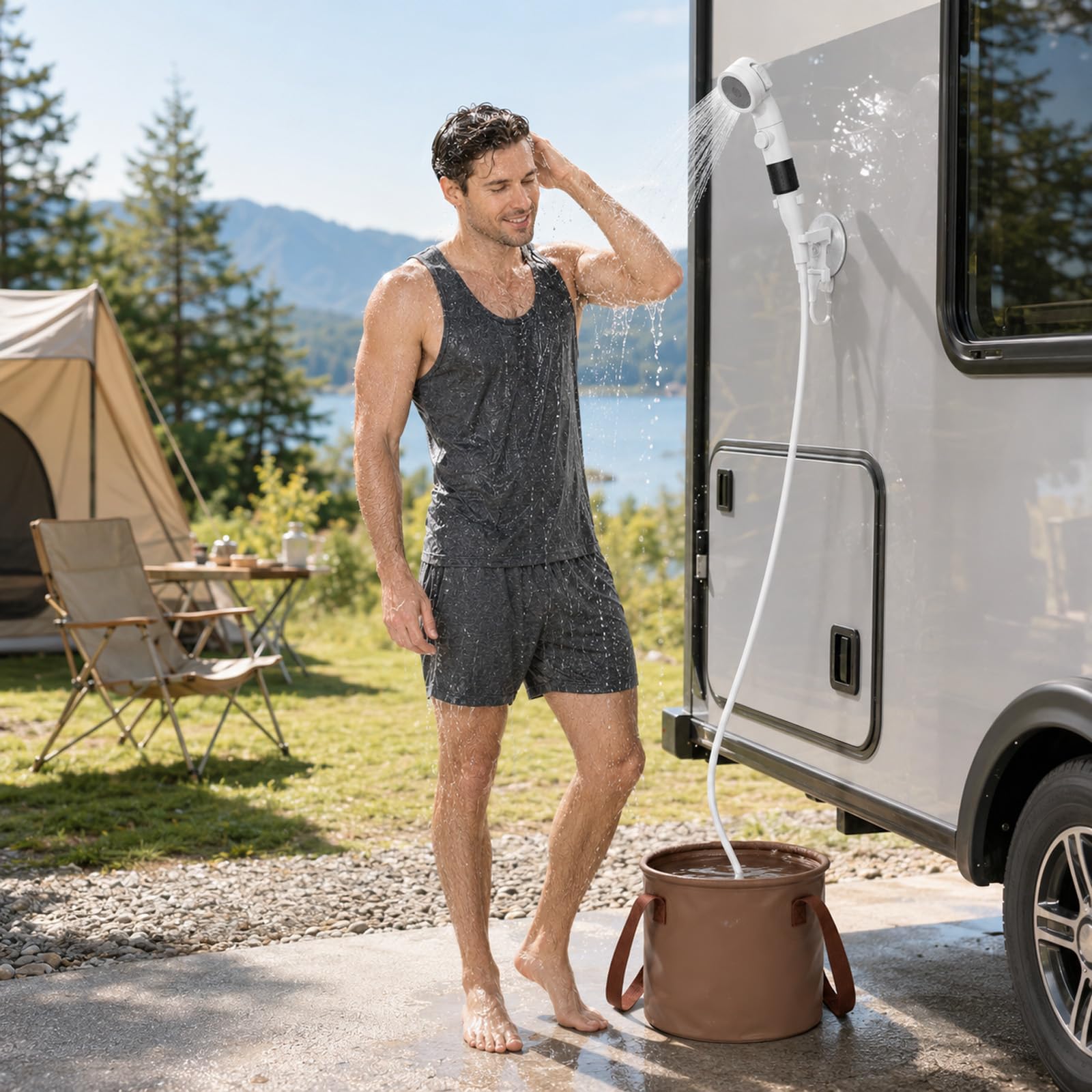 Douche de camping avec tige chauffante, douche d'extérieur avec pompe batterie 5200 mAh, kit pompe de douche avec fonction chauffage et réservoir d'eau de 20 l, pompe de camping pour voyage