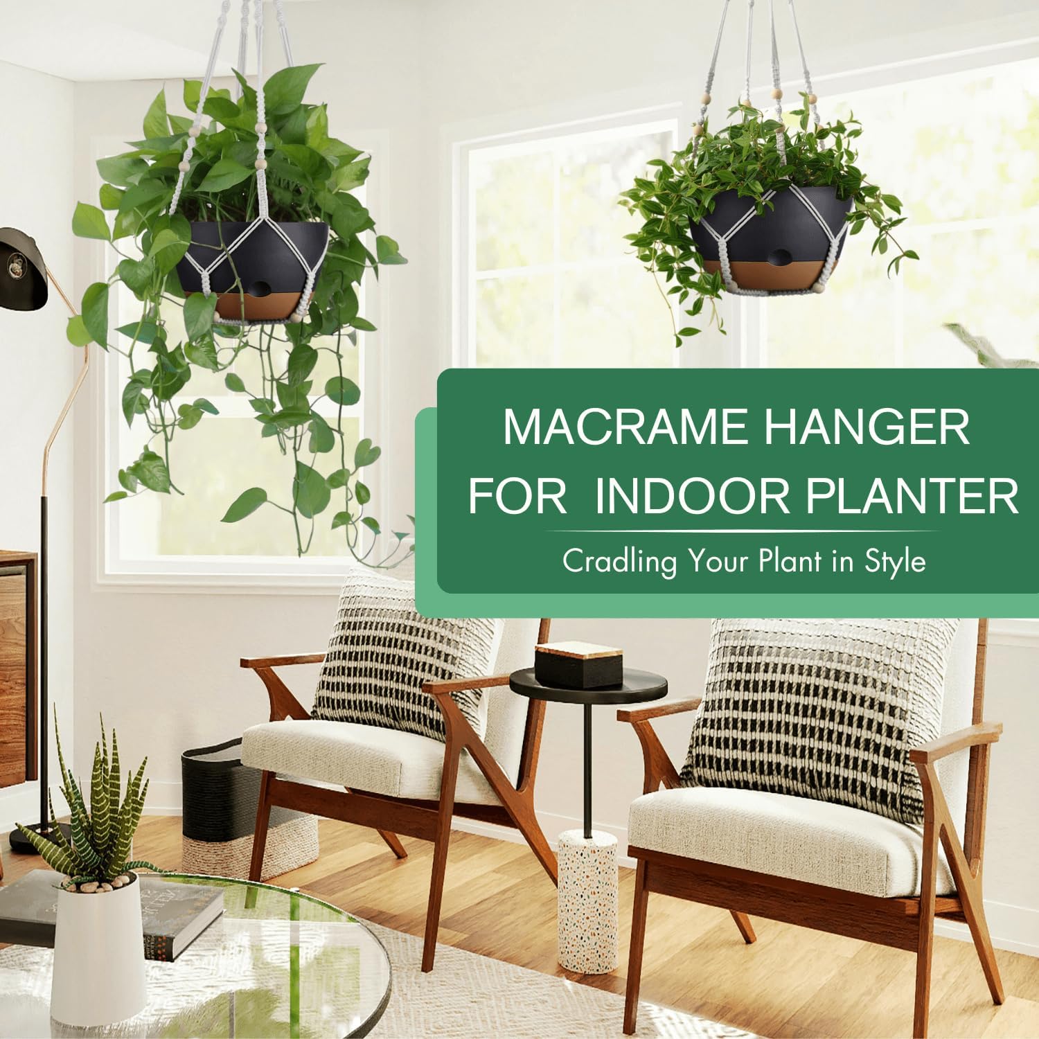 Set of 2-10 Inch Hanging Planters for Indoor Plants with Self-Watering Includes Hanging Pots for Plants, Outdoor Hanging Plant Pot with Drainage, and 2 Types of Hanging Baskets Hangers (Black, 10inch) 10inch Black