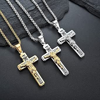 Collana Con Ciondolo Croce In Acciaio Inox Da Uomo Catenina Rosario Crocifisso - Foto 9