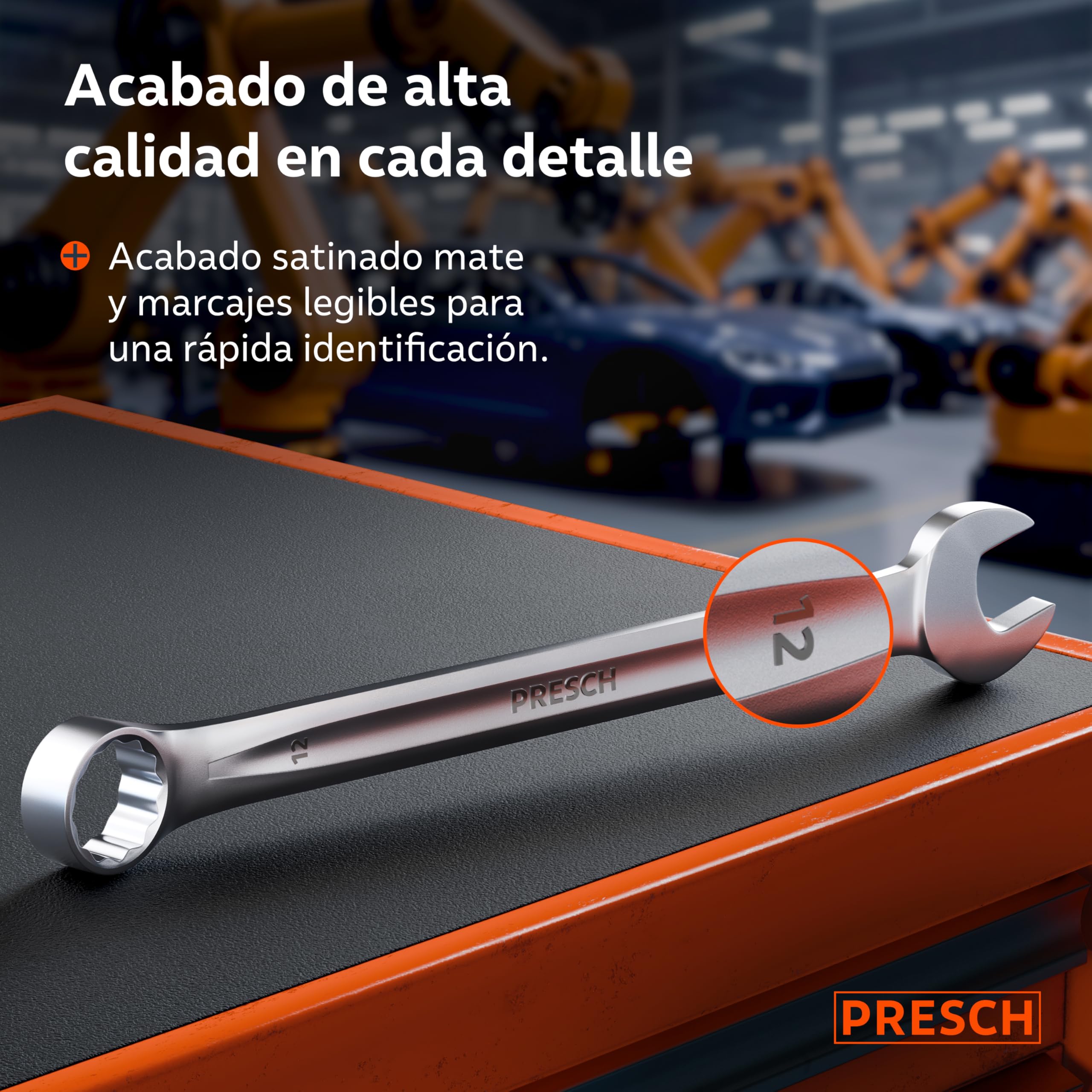 PRESCH Llave combinada 12mm - Llave fija con precisión y extremadamente robusta - Extremo de boca inclinado 15° para trabajos en espacios reducidos