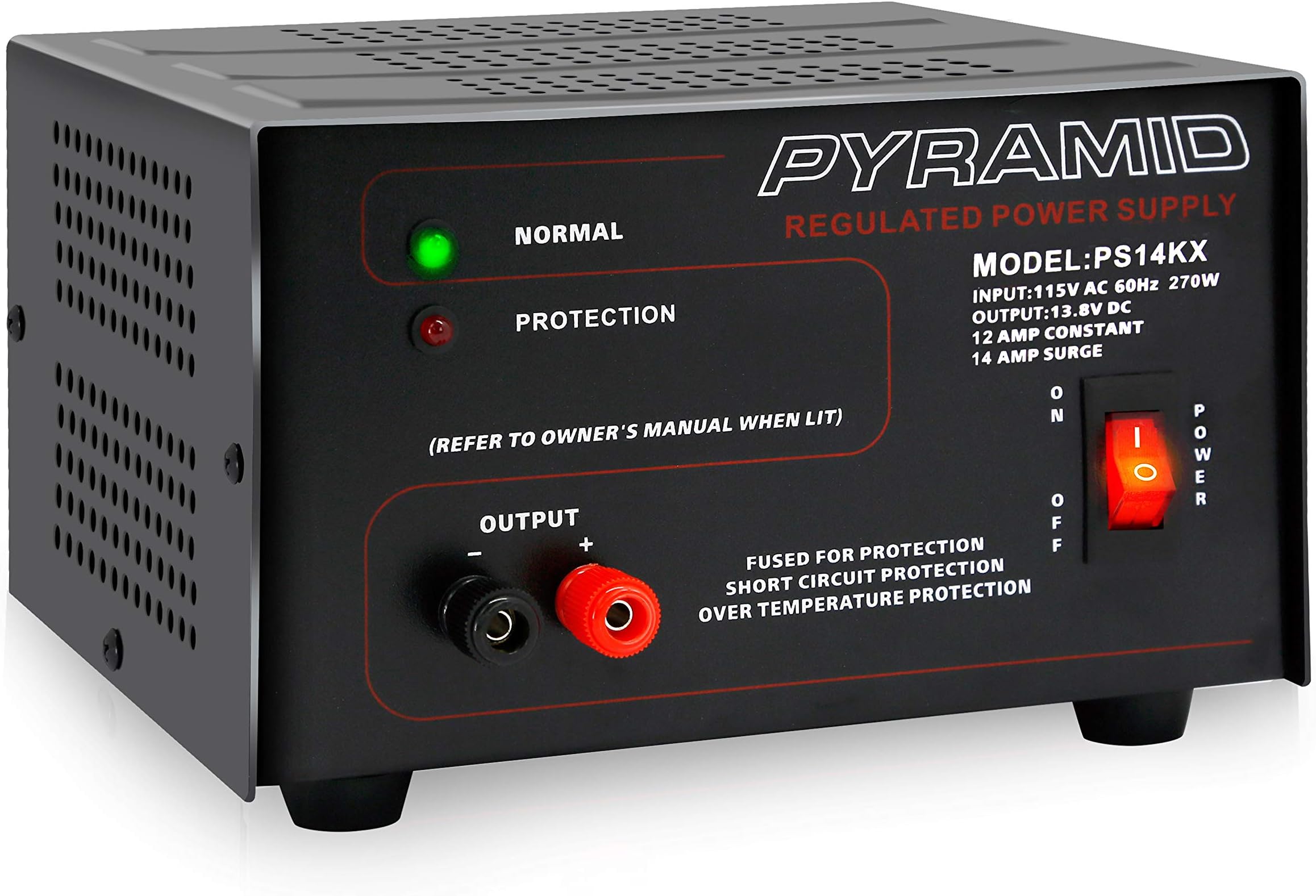 Pyramid Universal Compact Bench Power Supply- 12 Amp Linear Regulated Home Lab Bench-top AC-to-Dc 12V Converter w/ 13.8V Dc 115V AC 270W Power Input, Screw Type Terminals, Cooling Fan- PS14KX.5