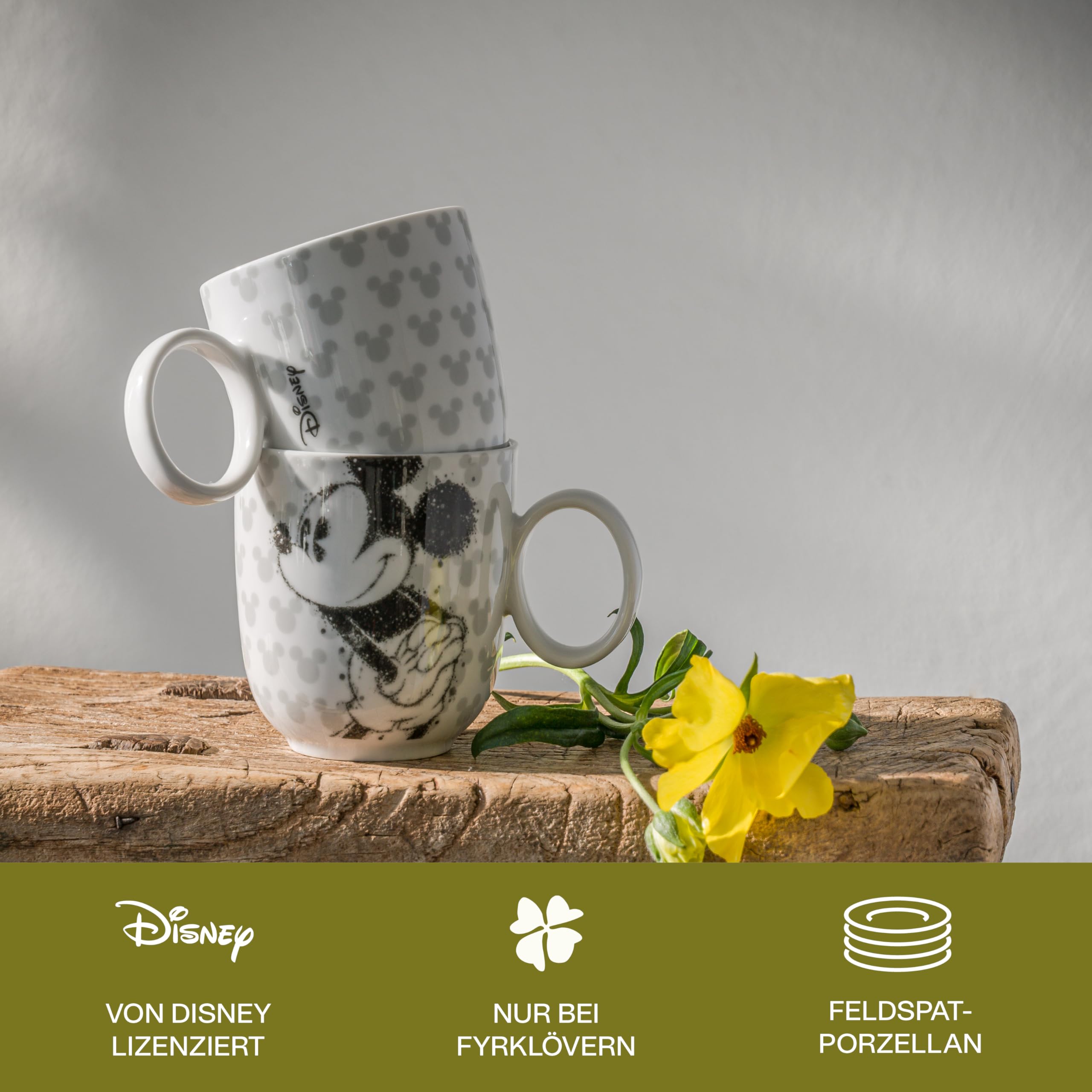 Micky Maus Kaffeetasse Disney, 4er-Set, 320 ml, Hochwertiges Porzellan, Spülmaschinenfest, Schwarz/Weiß