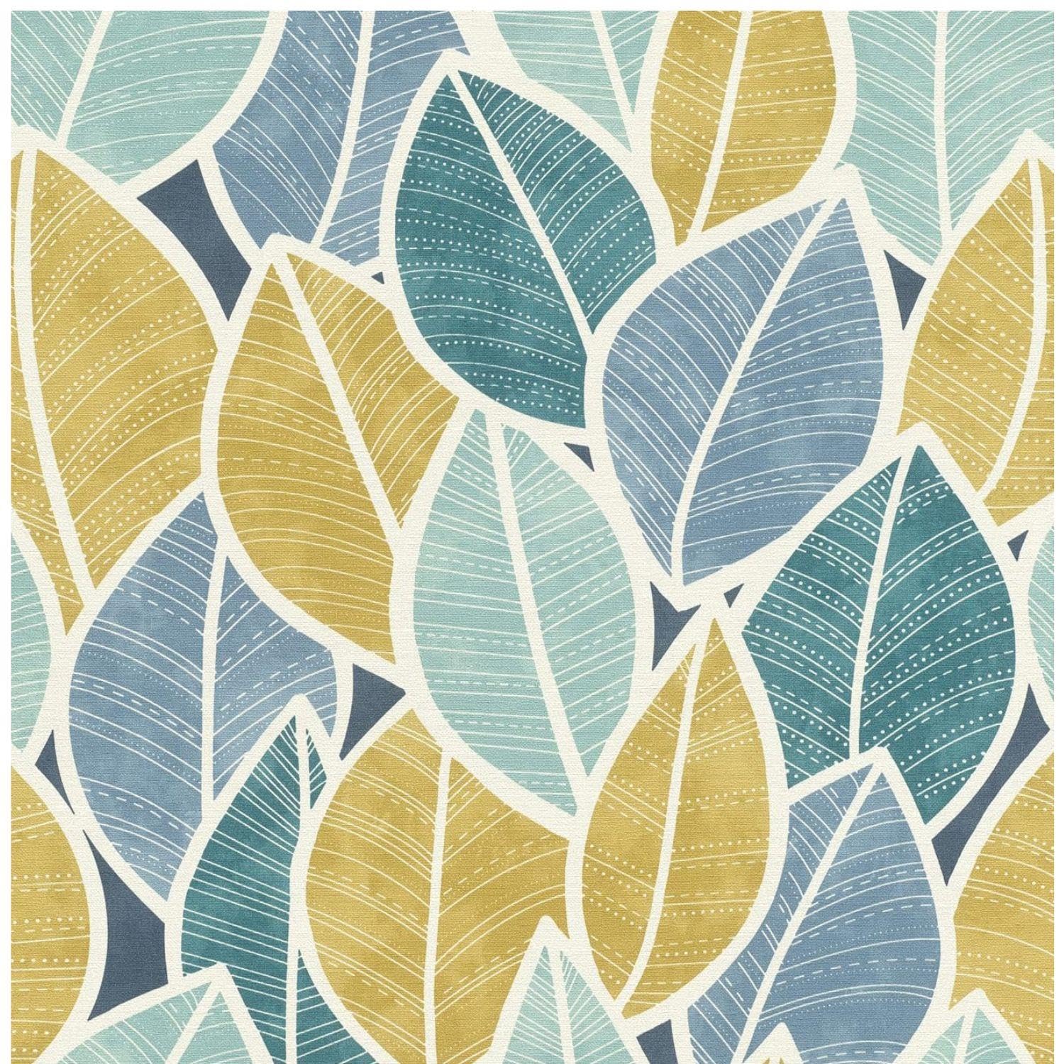 Yöl Blue ,Teal, Ochre Teal Blue Ochre Leaves - Botanical Geometric Pattern - Modern Contemporary Versatile Sophisticated Wallcovering - 10.05M X 53Cm Roll - Dining Room Studio Lounge Feature Wall - Paste The Wall Wallpaper