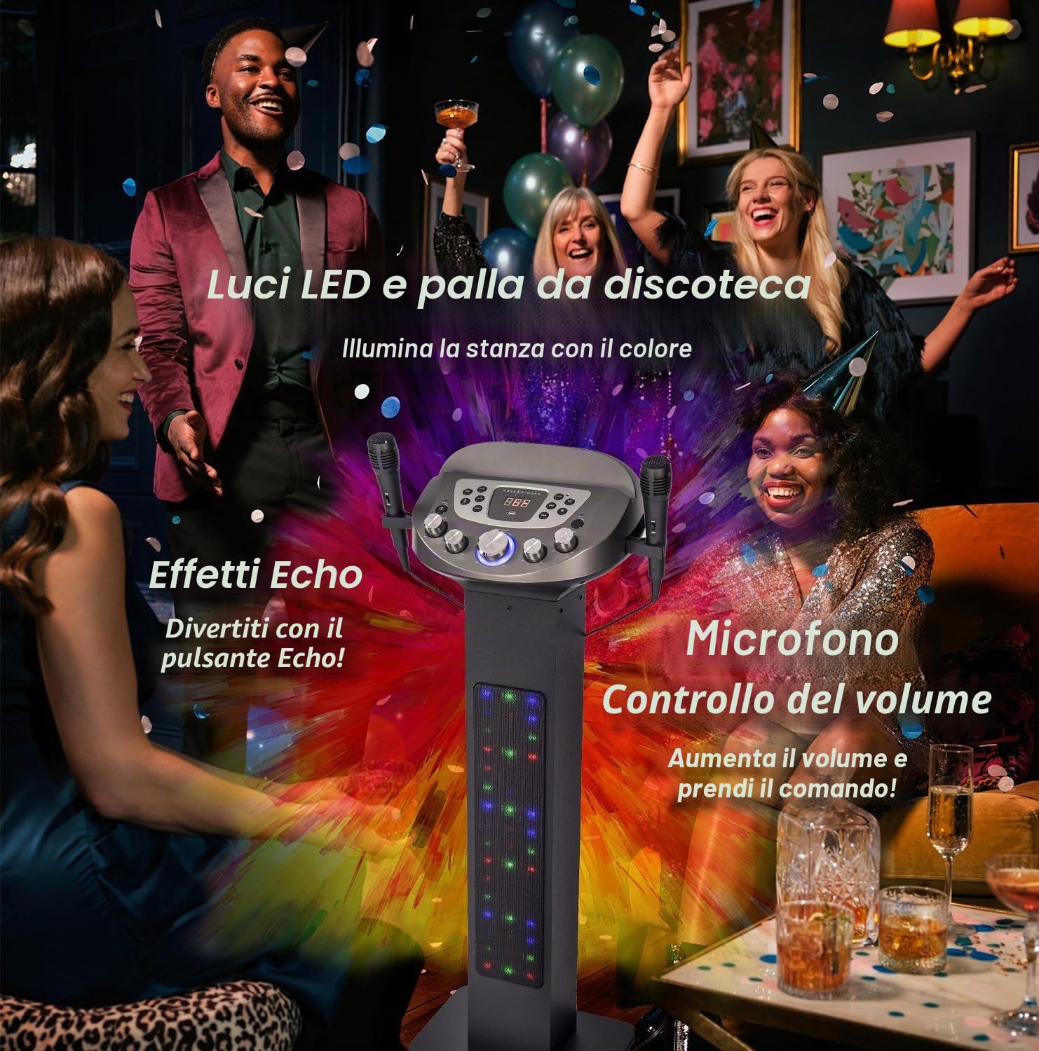 Easy Karaoke EKS828-BT - Sistema karaoke Bluetooth con altoparlanti integrati, potenza di picco di 90 W, luci LED, palla da discoteca e 2 microfoni