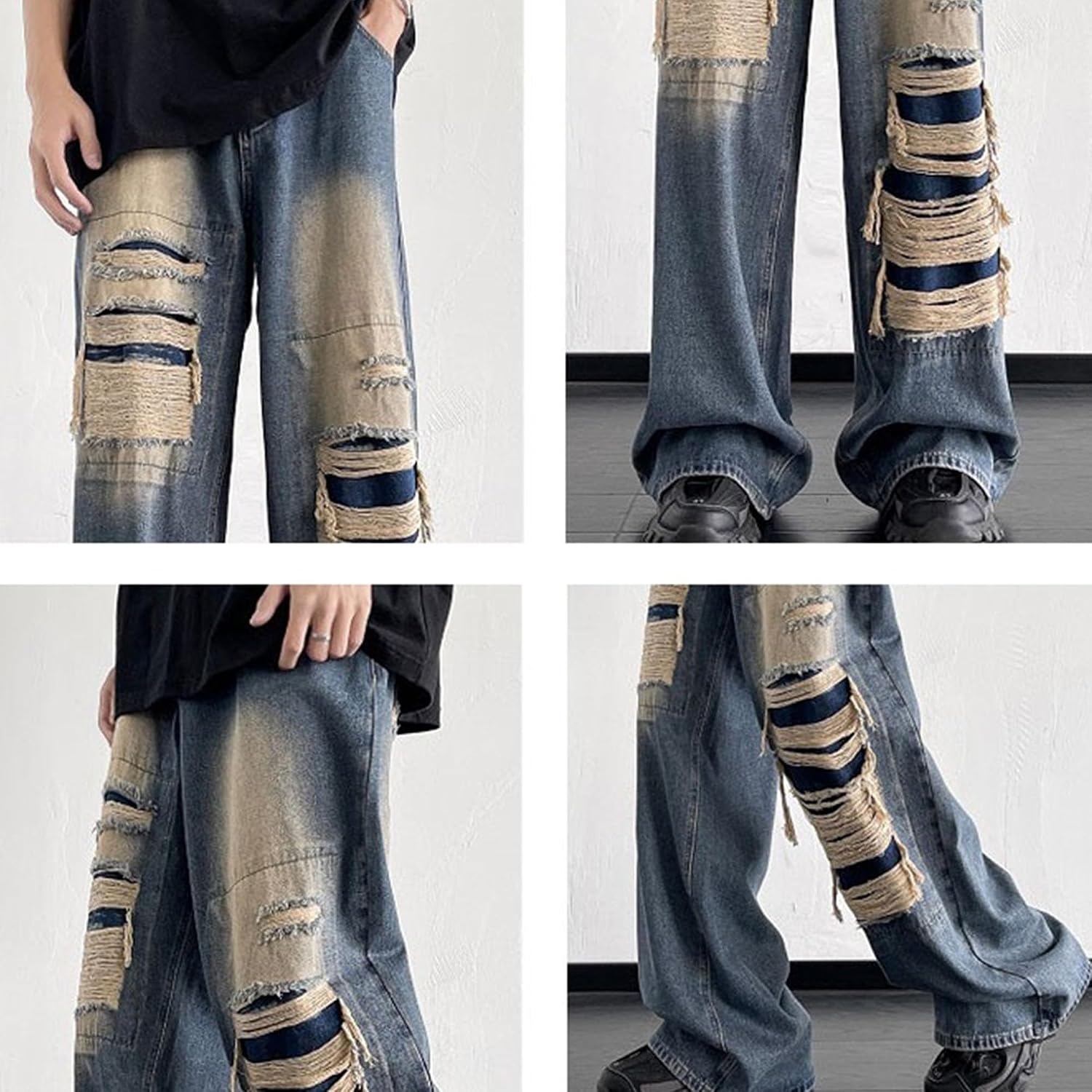 Men's Y2k Baggy Ripped Jeans Fit Loose Holes Streetwear Denim Trousers Fashion Wide-Legs Holes Denim Pants