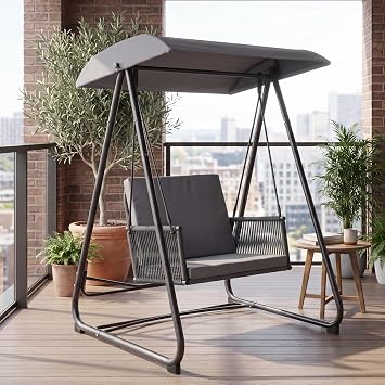 Patio Swing with Adjustable Canopy, Single Seat Grey | Patio Swing with stand Heavy-Duty Triangular Frame Backyard / Porch / Lawn Grey Garden Swing