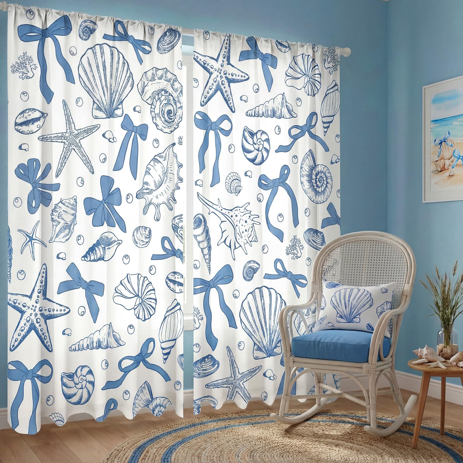 SmoothNovelty 2 Pcs Blue Bow Starfish Seashell Curtains for Living Room Ocean Coastal Beach Curtains 52 x 84 Inches Summer Window Drapes Bedroom Sea Birthday Party Decor