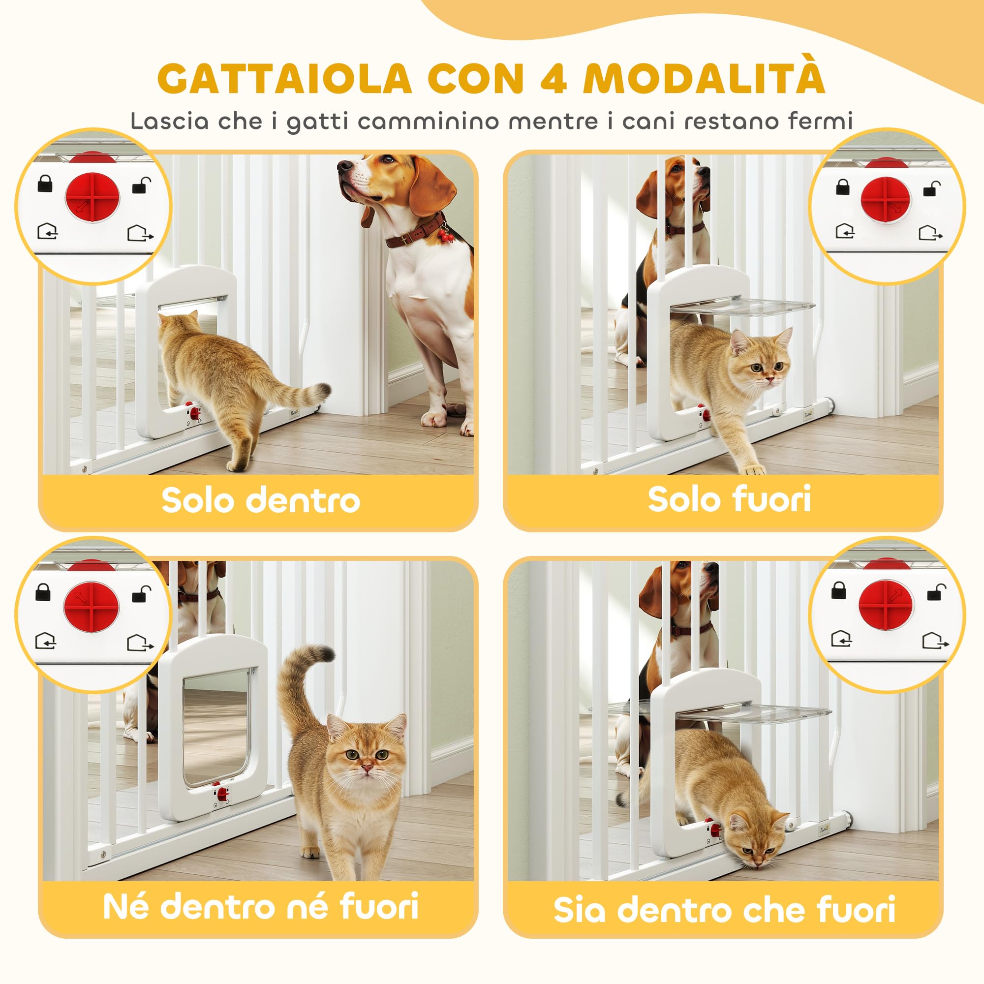 PawHut Cancello per Cani e Gatti Estensibile con Gattaiola Integrata, Cancellino per Cani in Acciaio e ABS, 75-85x2x76 cm, Bianco
