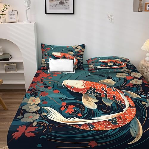 Miniatura 2 de Koi Fish Sábanas tamaño Queen, sábanas florales, sábanas y fundas de almohada estampadas de 4 piezas, sábana bajera ajustable de microfibra suave