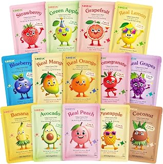 KONEUK 14-Pack Fruit Sheet Face Masks for Kids & Teens - Hydrating Collagen Skincare, All Skin Types, Fun Spa Party Gifts