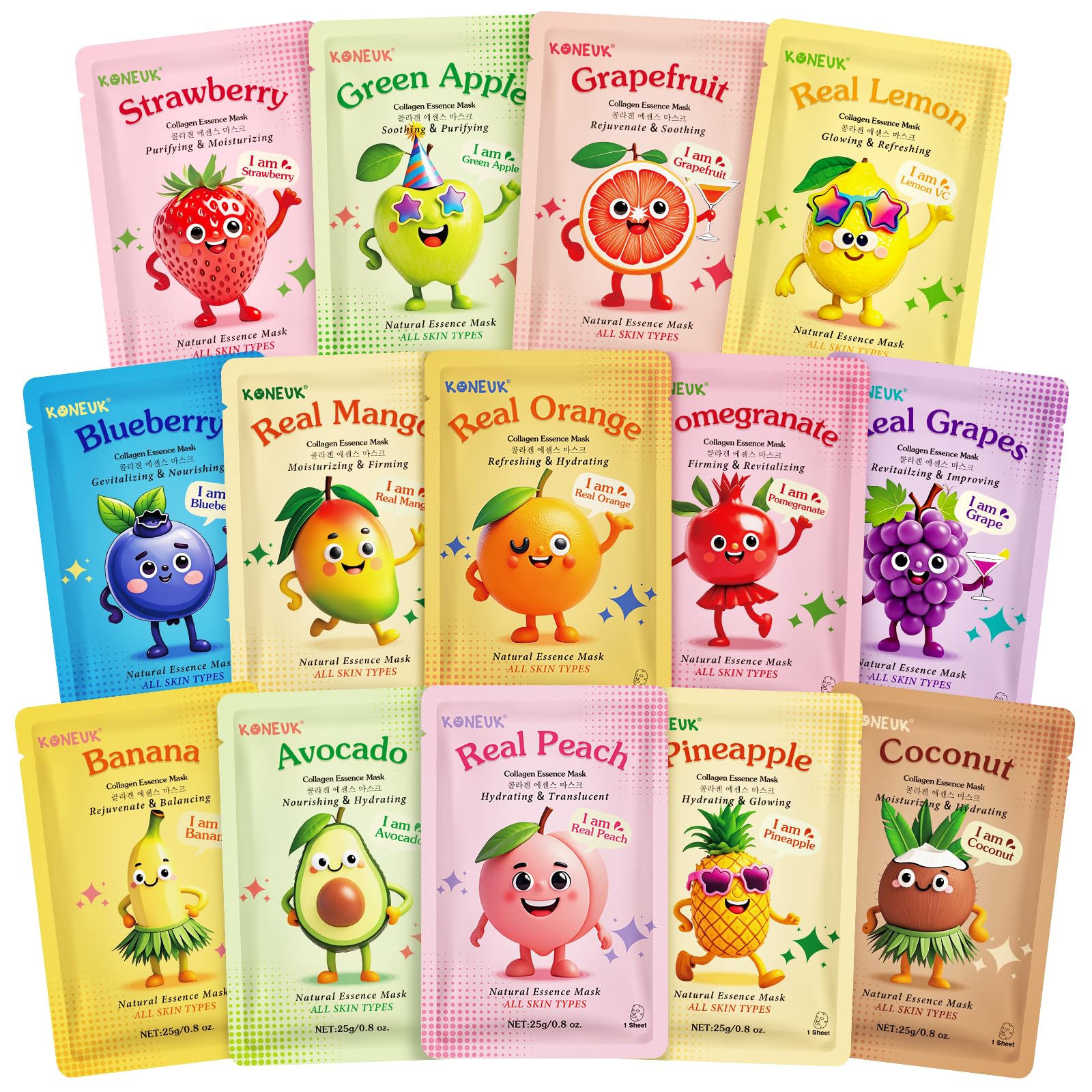 KONEUK Paquete de 14 mascarillas faciales de frutas para el cuidado de la piel de los niños, mascarilla hidratante para todo tipo de piel, máscara facial suelta de colágeno para