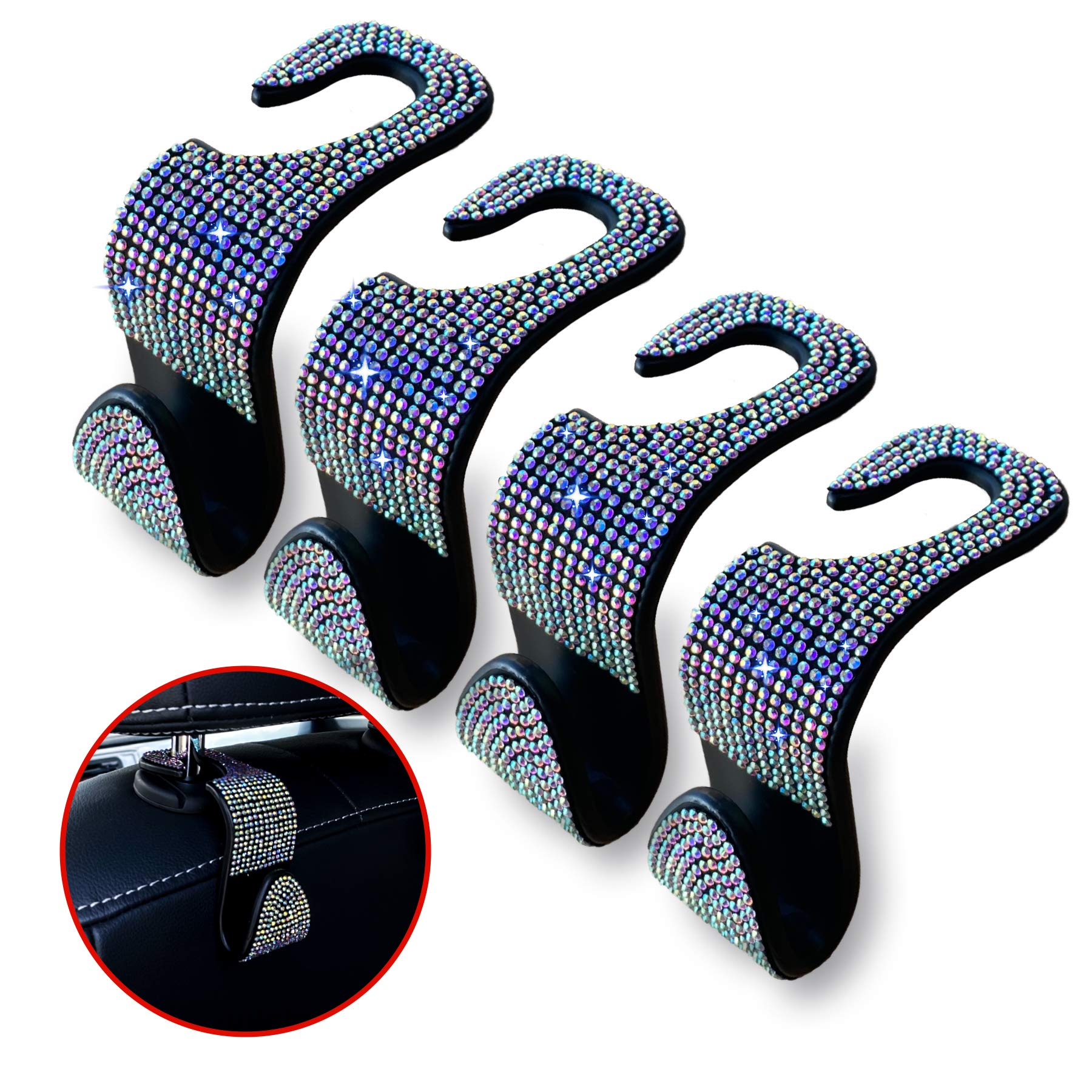LivTee Crystal Rhinestone Car Back Seat Headrest Hooks, Bling Car Seat Organizer Accessory for Coats Umbrellas Grocery Bags Handbag, 4-Pack(Colorful)