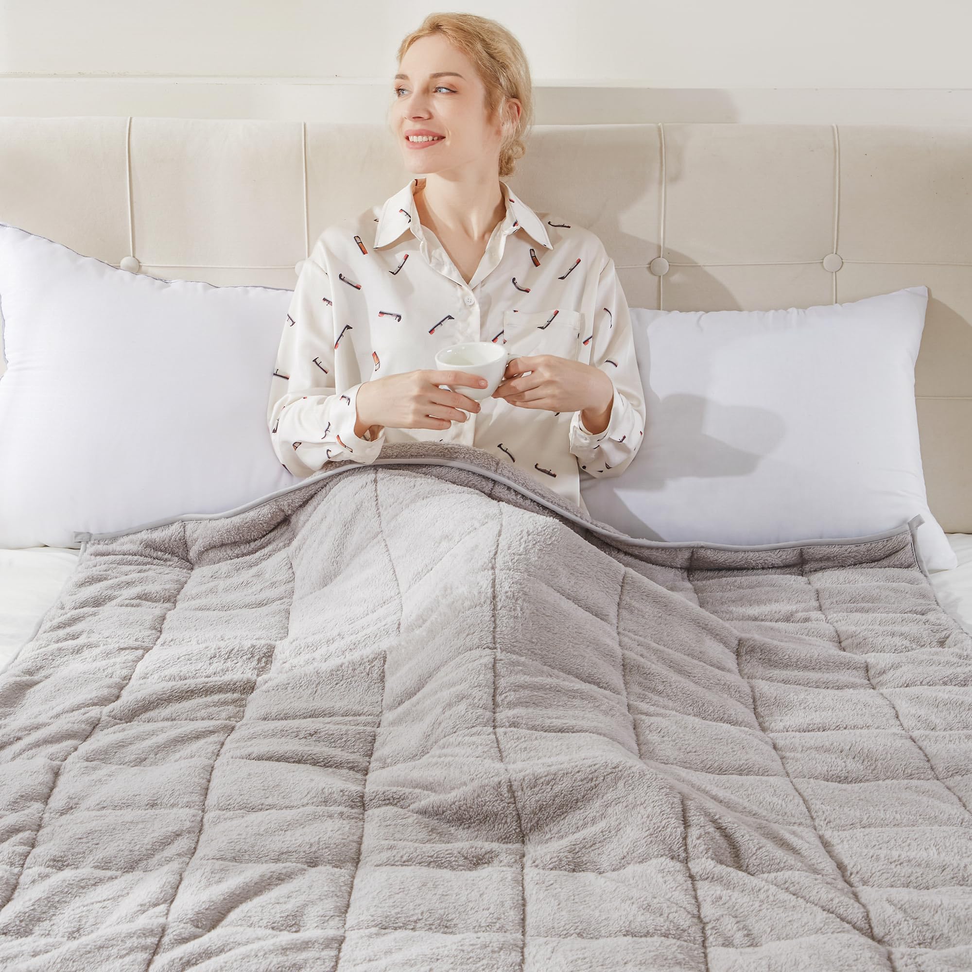 Teddy Fleece Weighted Blanket for Adults Fluffy Quilted Pockets Throw Soft Sherpa Throw Heavy Blanket Winter Sleep Therapy Autism Insomnia Sensory Anxiety Stress Relief Silver Grey, 125 x 150cm - 4kg — image 1