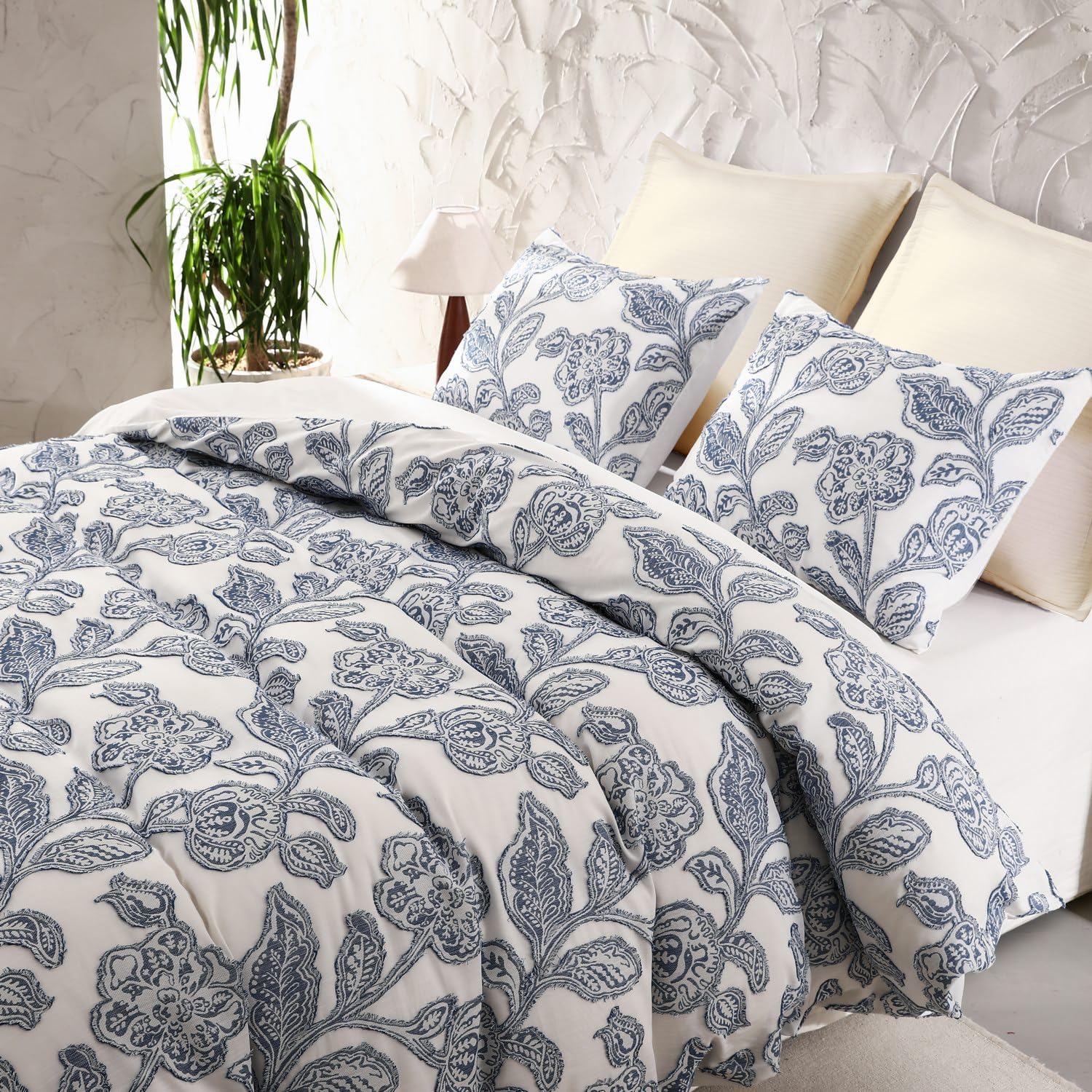 meadow park Cotton Clipped Jacquard Comforter Set 5 Pieces, Queen Size, Shabby Chic Home Bedding Set, Blue