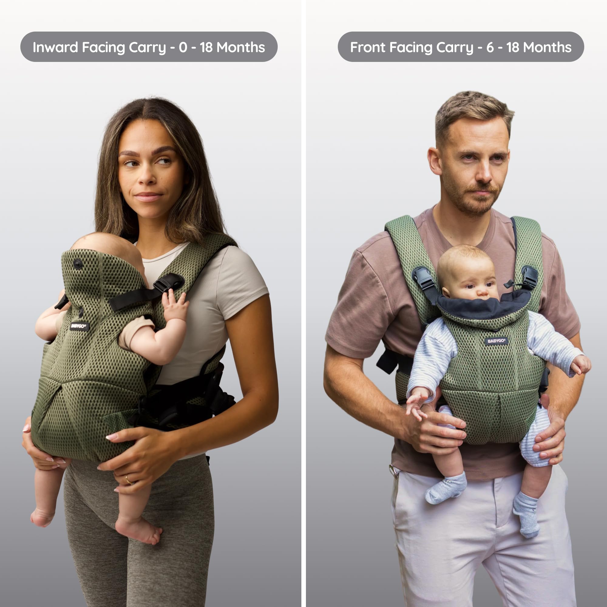 BABYGO AirMesh Babytrage mit integriertem Sabberlätzchen | von 0 bis 18 Monaten | Verstellbare, leichte und atmungsaktive AirMesh-Technologie (Olive, Air Mesh)