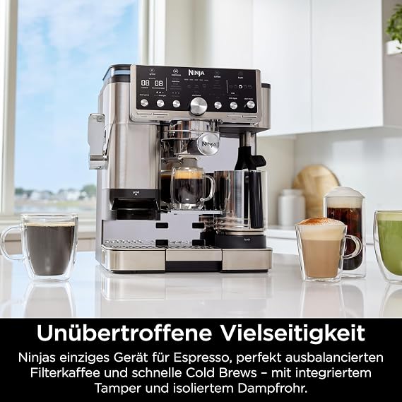 Ninja Luxe Pro ES701EU 3-in-1 Coffee Maker with Grinder and Frother for Latte Cappuccino Cold Brew & Espresso Easy to Use 5 Presets for Frothing Silver