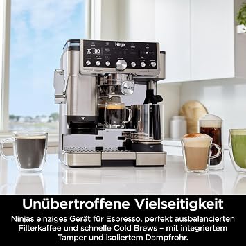 Ninja Luxe Pro ES701EU 3-in-1 Coffee Maker with Grinder and Frother for Latte Cappuccino Cold Brew & Espresso Easy to Use 5 Presets for Frothing Silver
