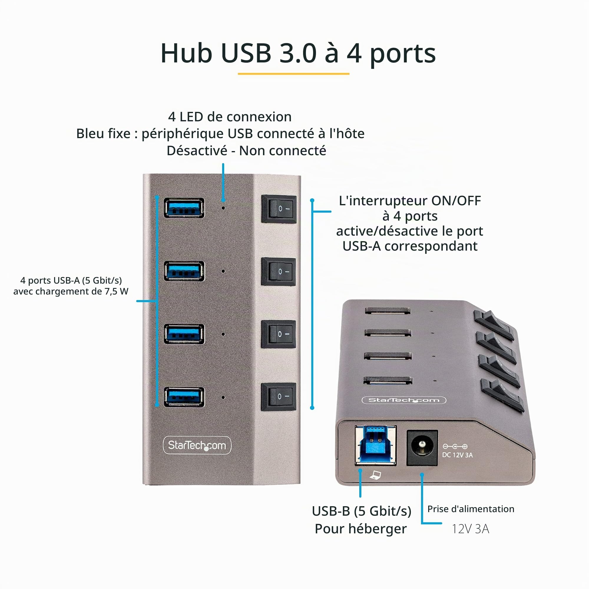 StarTech Hub USB-C 4 Ports 5Gbps, Interrupteurs, UE (5G4AIBS-USB-HUB-EU) | Dock, Auto-alimente, Marche/Arret individuels, Extension USB 3.0, Bloc alimentation, Répartiteur