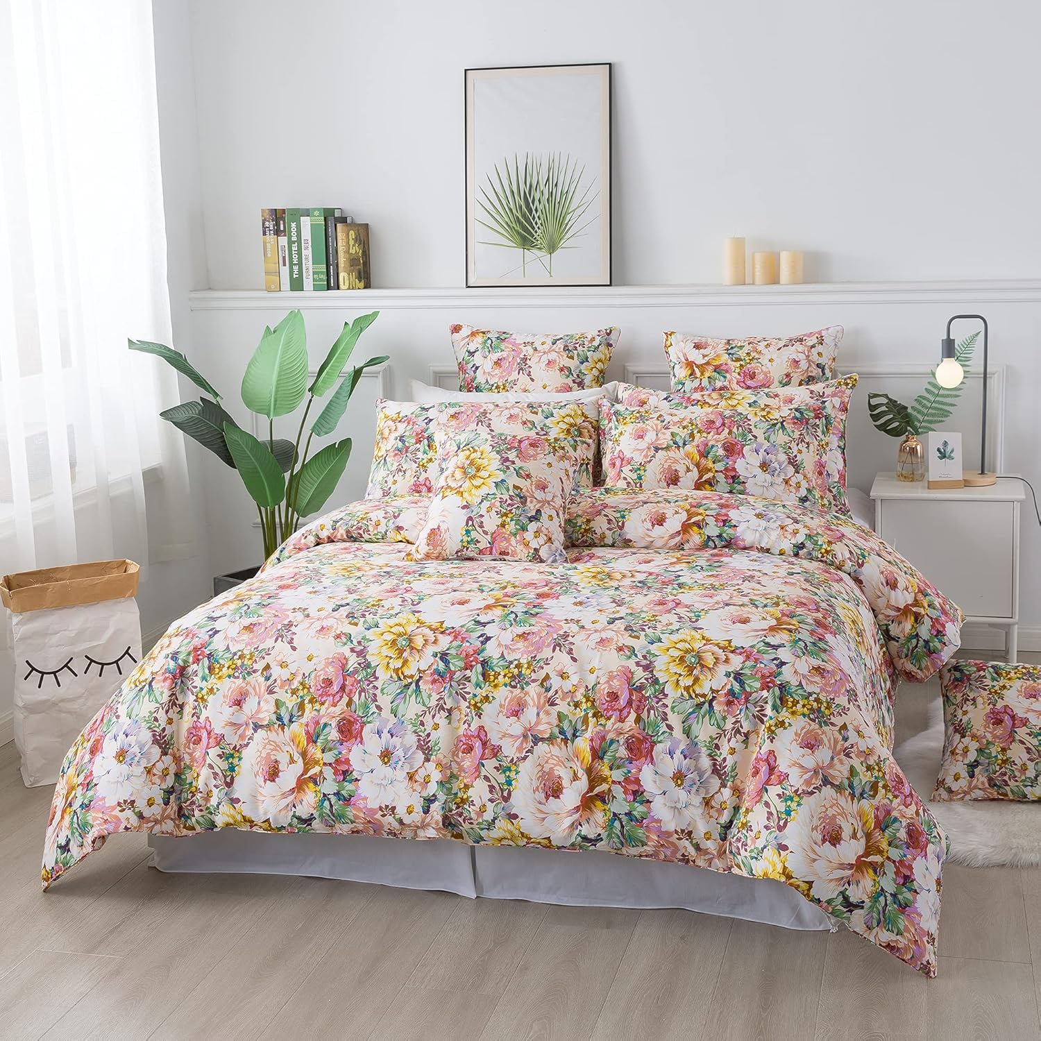 USTIDE Garden Floral King Duvet Cover Set 3 Pieces Soft Cotton Bed Cover with 2 Pillowcases Vintage Flower Bedding Set Zipper Corner Ties — image 1
