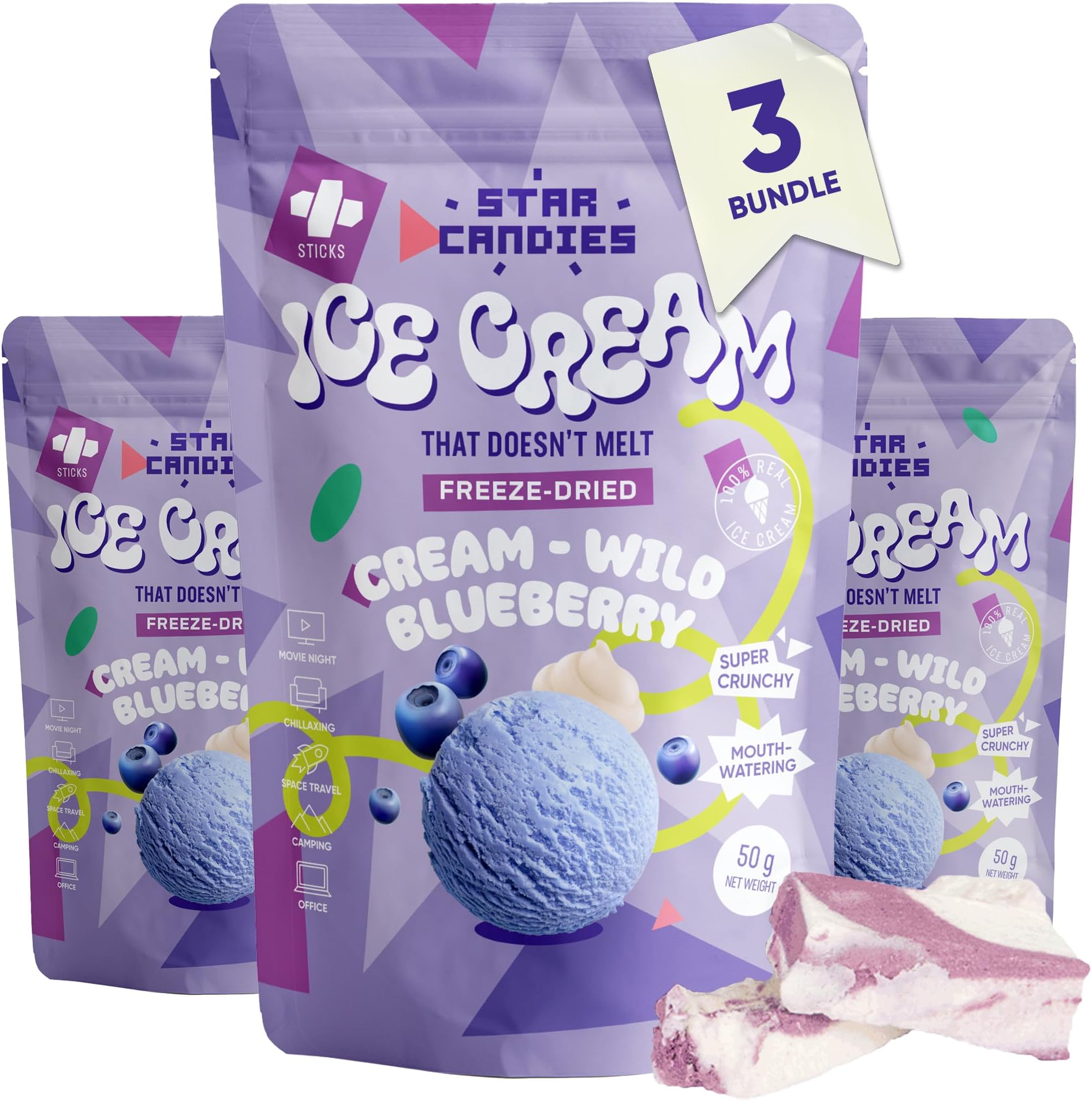 Star Candies Freeze Dried Ice Cream with Wild Blueberry - No Melting Freeze Dried Sweets - Crunchy Camping Food - Premium Astronaut Ice Cream for Kids and Adults - Space Food, Gift (150 g, 3 pack)