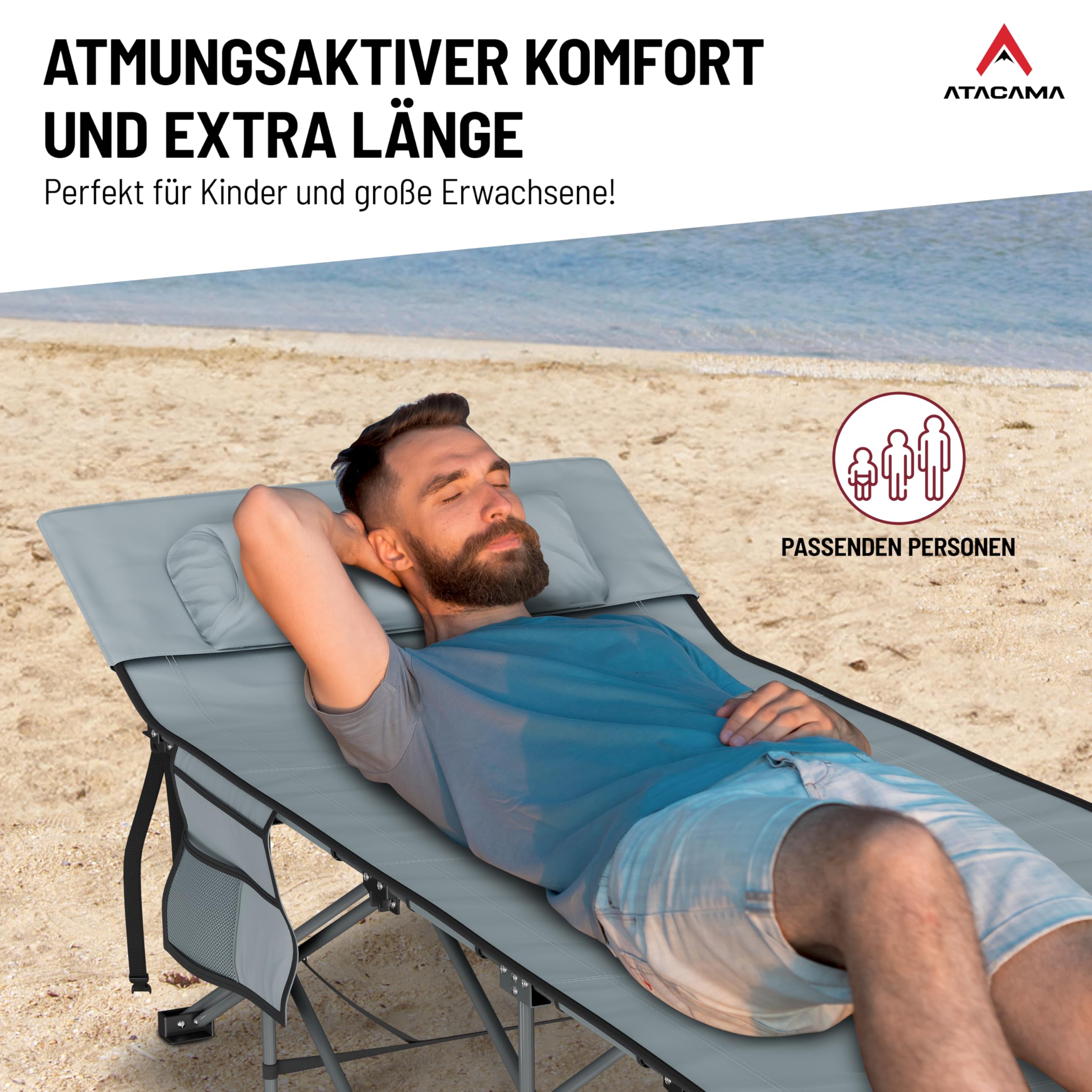 Atacama Feldbett Klappbar, Ultraleichtes Campingbett, Ideal für Outdoor-Abenteuer und Karpfenliege, komfortabel, tragbar Feldbett XXL, 190 x 68 x 38 cm