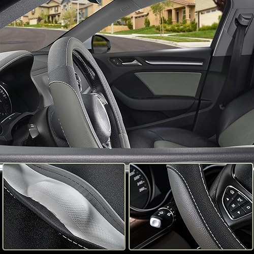 Miniatura 24 de SEG Direct Funda universal para volante de automóvil, de 15 pulgadas, piel de microfibra, color blanco y gris Negro y gris