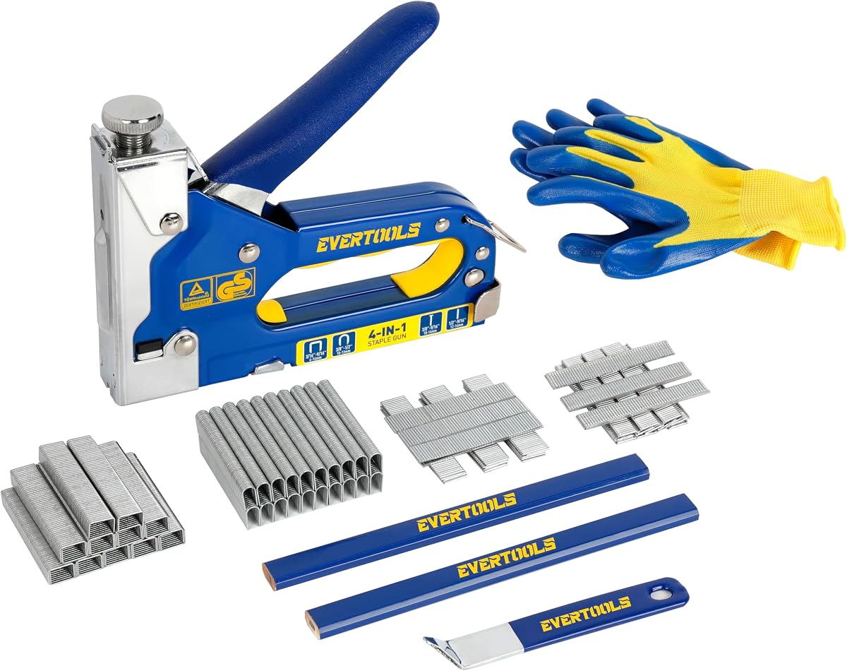4-in-1 Heavy Duty Staple Gun Kit with 6,000 Staples, Adjustable Power and Jam-Free Design, Includes Staple Remover and Gloves for Upholstery, Furniture, Carpentry, Decoration and DIY