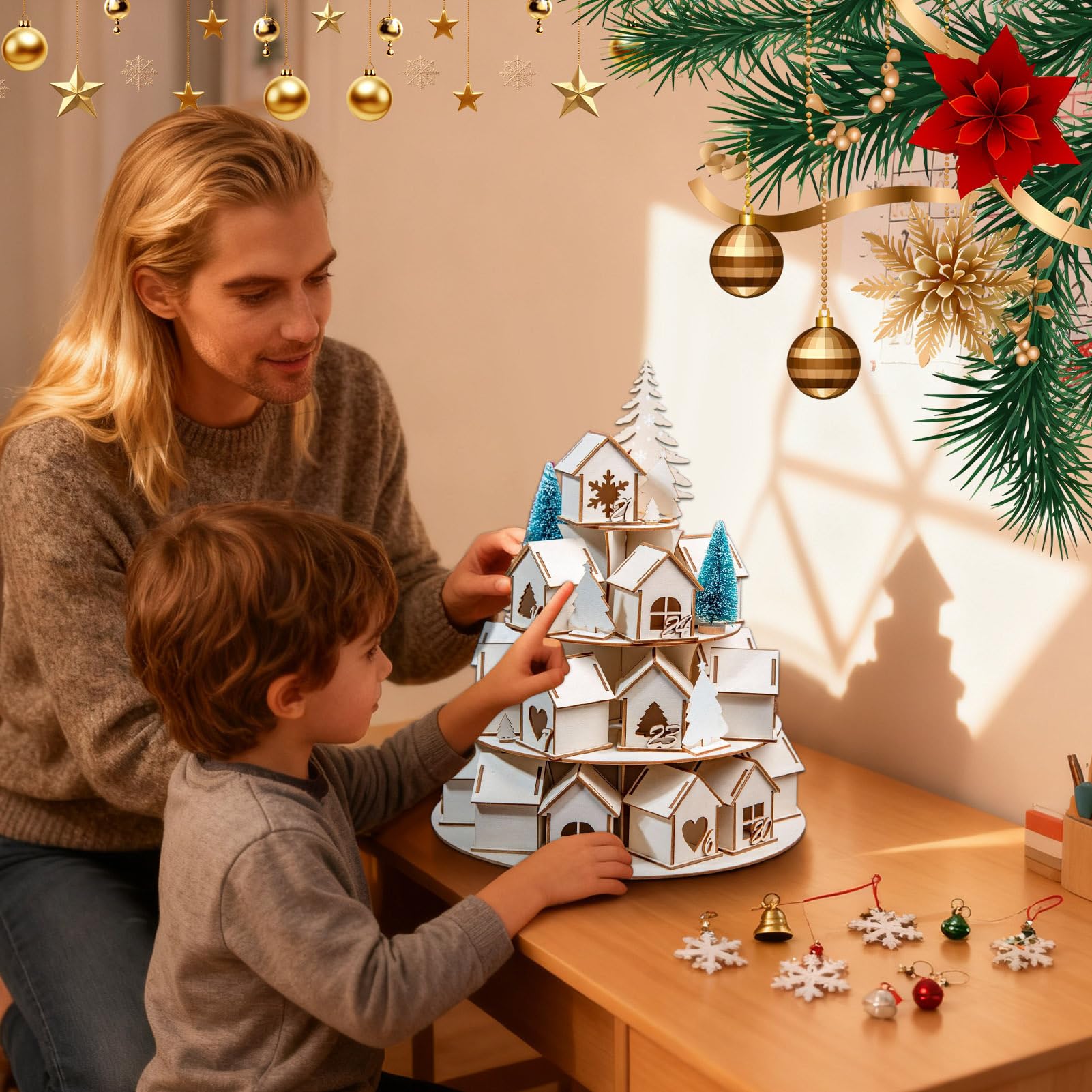 Weihnachts Adventskalender Haus Winterliche Adventsdekoration für Feiertage | 24 Leere Adventskalender Haus Zum Befüllen Für Kinder Mädchen Frauen Männer