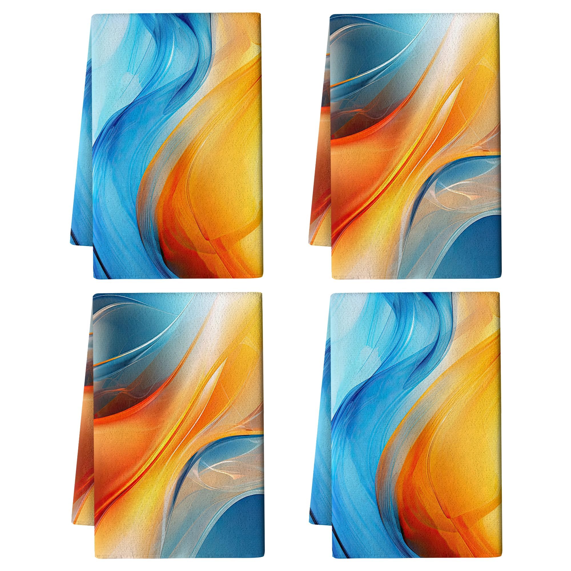 Pintukee Orange Blue Kitchen Dish Towels Set of 4, Soft Absorbent Marble Decorative Tea Towels Hand Drying Baking Cooking Cloth for Kitchen Orange