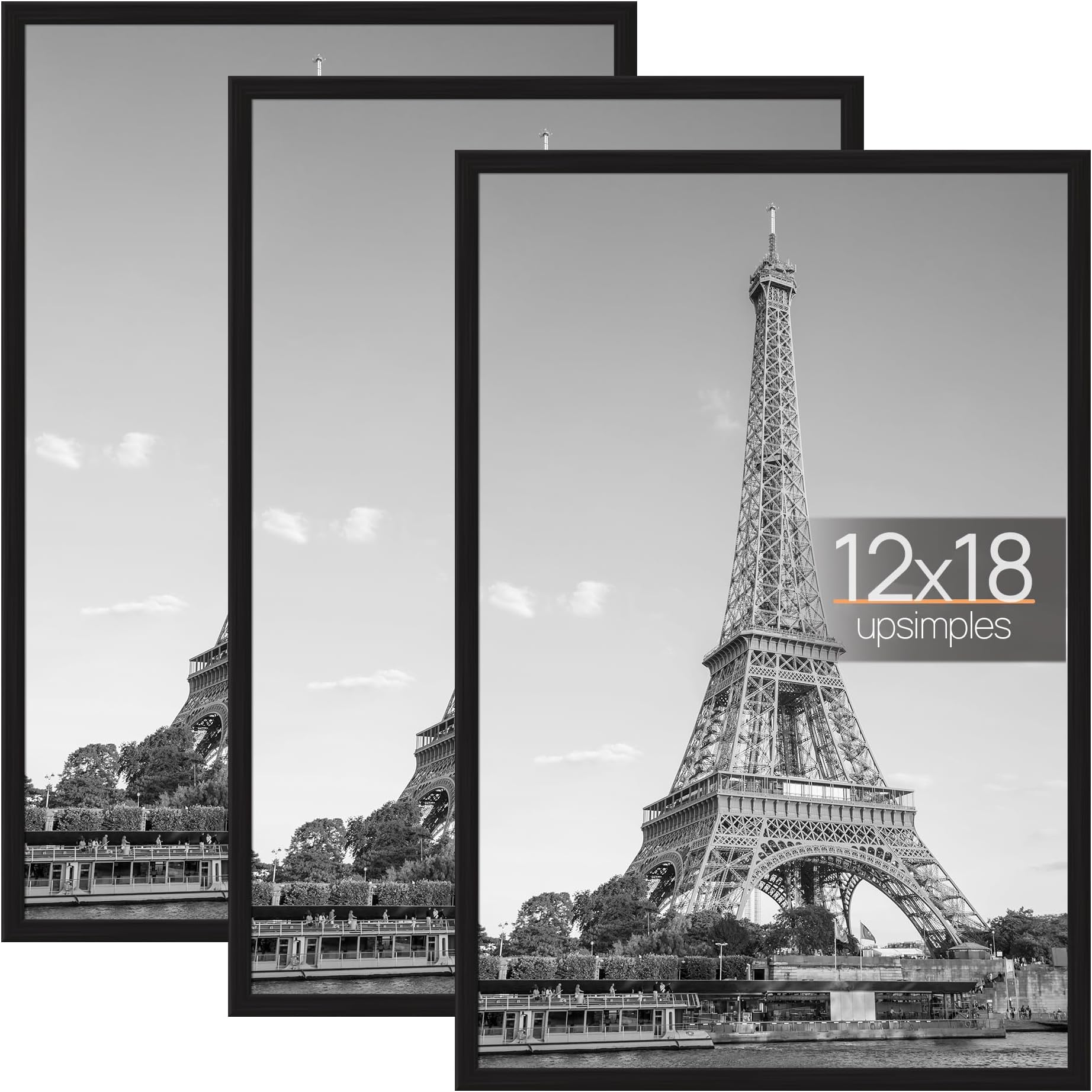 upsimples 12x18 Picture Frame Black 3 Pack, Scratch-Proof Poster Frames 12 x 18 for Photo Gallery - Slide-In Strips, Horizontal or Vertical Wall Mounting
