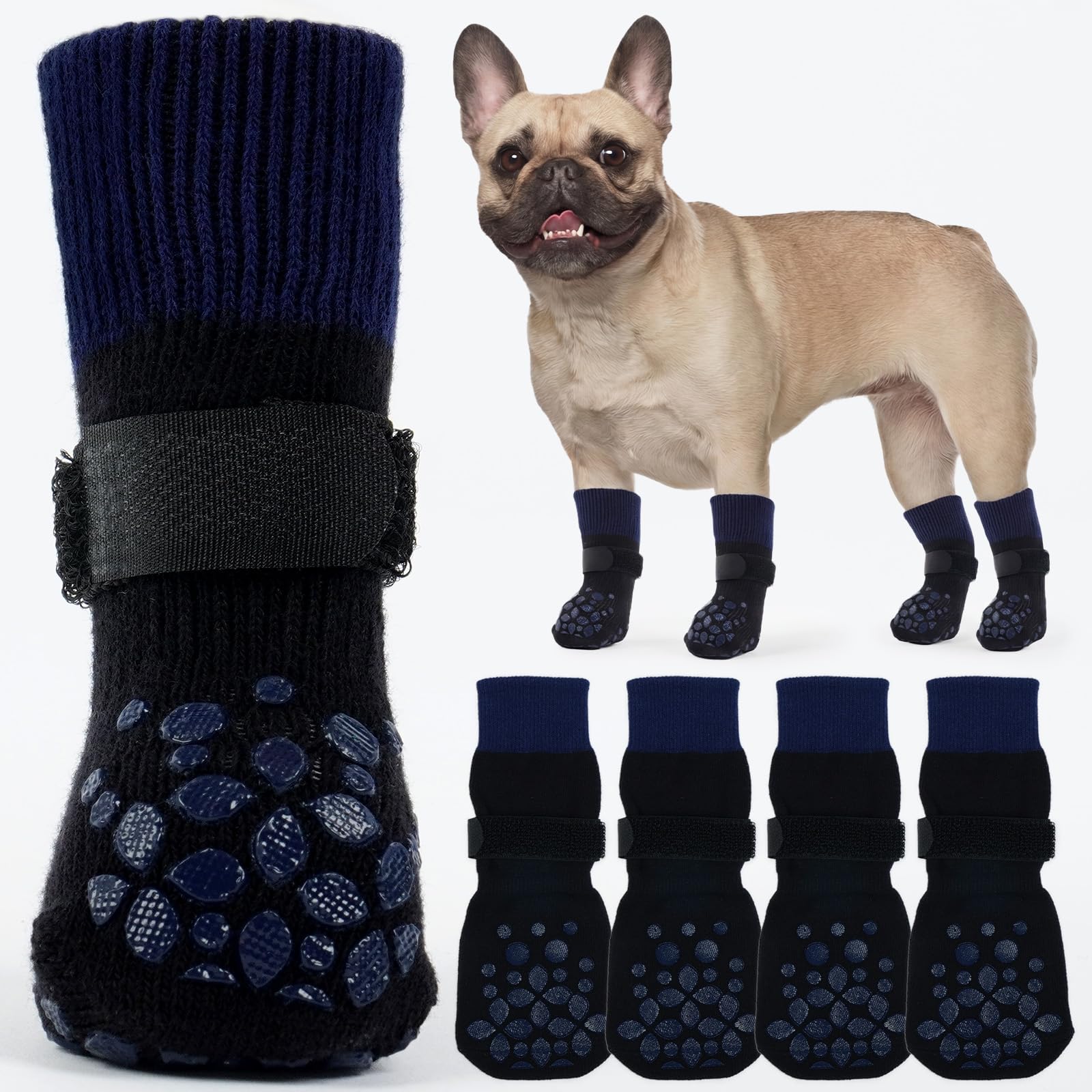ROZKITCH 2 Pairs Dog Socks Paws Stop Licking, Socks for Injured Paws Double Side Non-Slip Dog Claw Slipper Foot Bandage Paw Protection After Operation on Toe Bichon Frise, French Bulldog Blue M