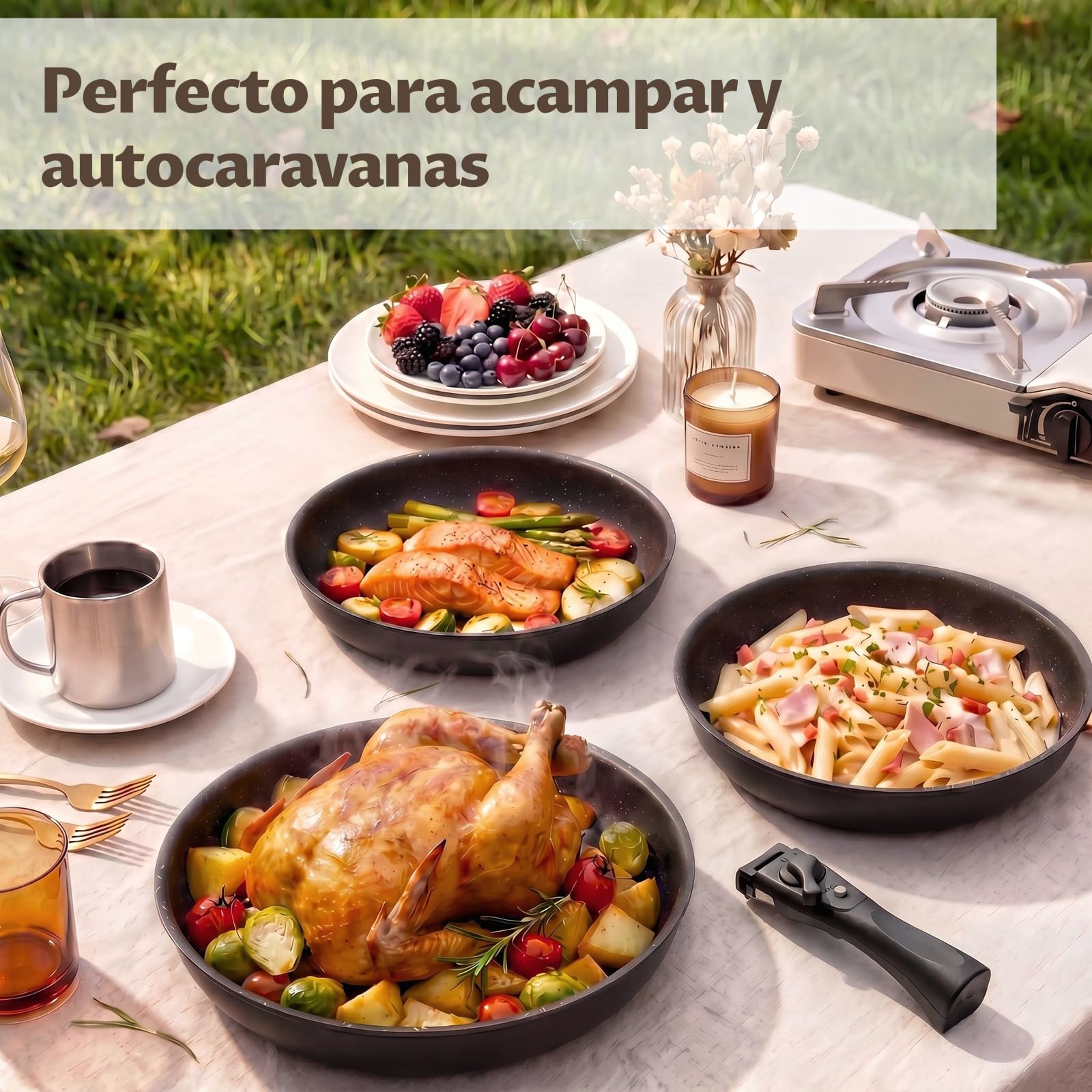 Fadware Juego de Sartenes Antiadherentes con Mango Extraíble, Sartenes para Inducción y Todo Tipo de Cocinas, Apilables para Ahorrar Espacio en Cocinas Pequeñas y Campers, Aptas para Horno hasta 230°C | Sartenes para Todo Tipo de Fuegos, Apilables para Ah
