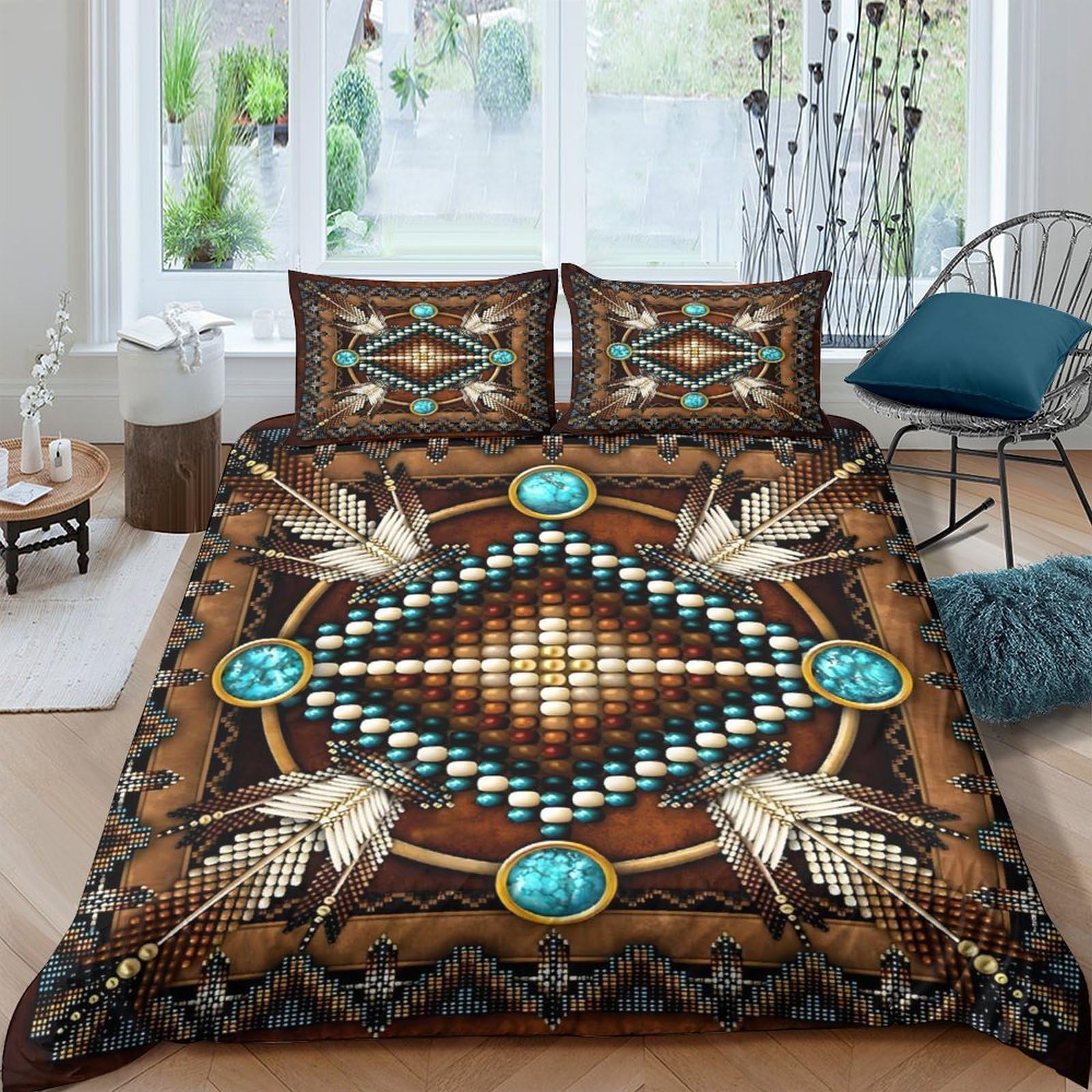 Ctjqhvkz Style-7 3D Printed Native Feather Pattern Fitted Sheet Microfiber Brown Turquoise Geometric Bed Cover For Bedroom Guestroom Dorm Mattress Protection Single（135X200cm）
