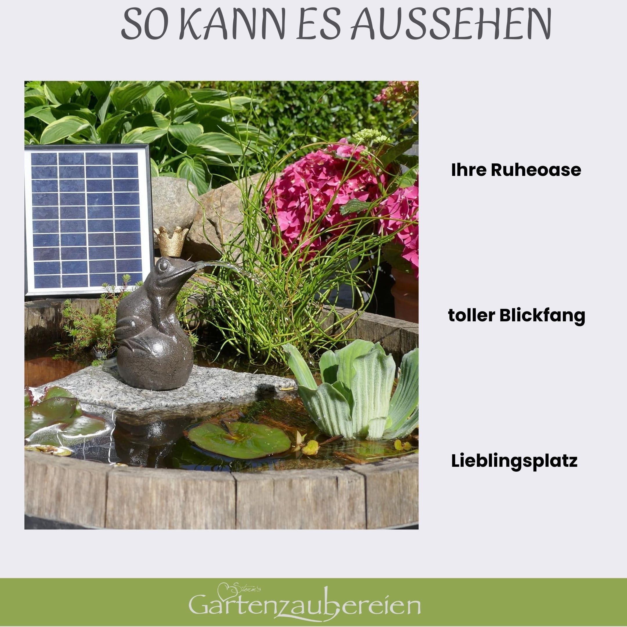 Storm's Gartenzaubereien Wasserspeier Frosch aus Gusseisen mit Akku Solarpumpe 16cm Laufzeit ohne Sonne 4-5 Stunden