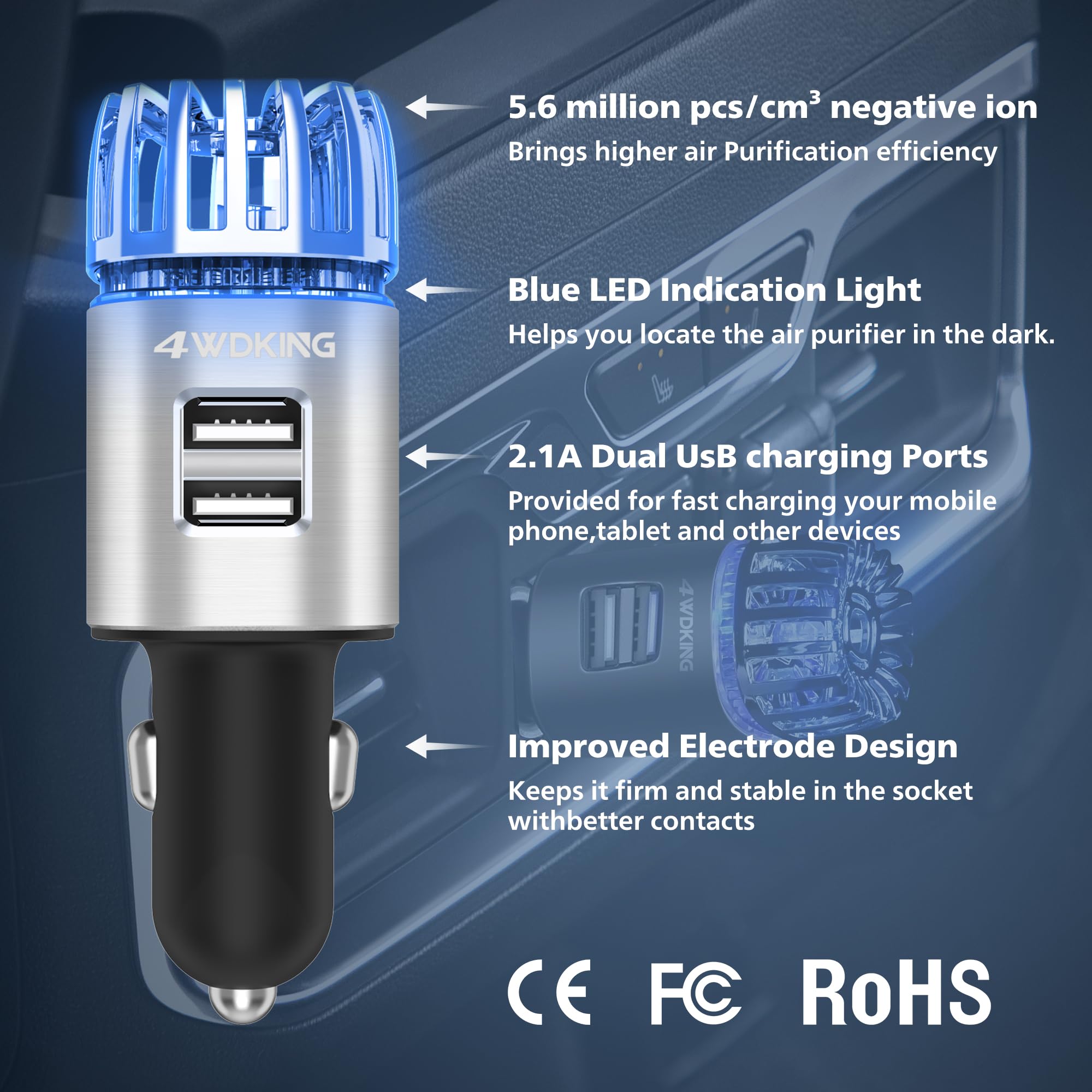 4WDKING Ionizador purificador de aire para coche, 12 V, ambientador de coche enchufable, con cargador USB doble, elimina el humo del cigarrillo, el olor de mascotas y alimentos, ozono iónico (plata)