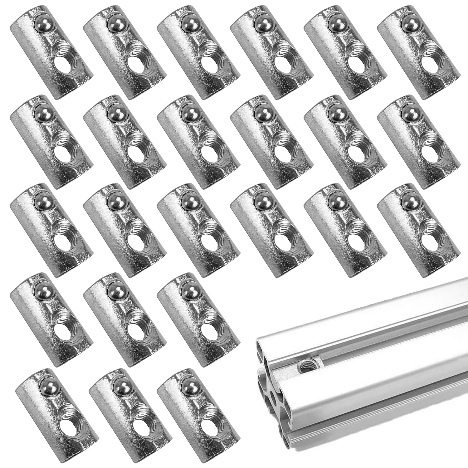 24 Pcs T Nut Metal Profile Slot Nuts, Roll In Spring Ball Loaded Elastic Nut for 30 Series 3030 3060 Aluminium Profile Extrusion Slot (30 Series M6)