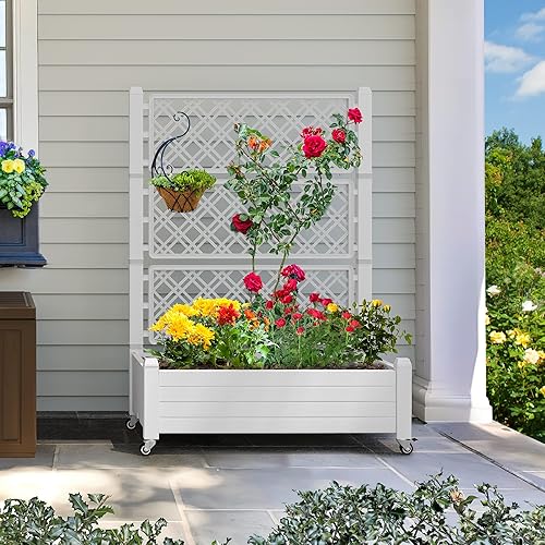 Miniatura 4 de YITAHOME Cama de jardín elevada de 3.6 x 1.5 x 5 pies con enrejado y ruedas con cerradura, caja grande de resina para exteriores con tapón de