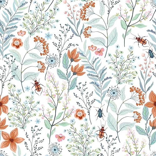 VEELIKE Papel tapiz floral de escarabajos azules y naranjas, para despegar y pegar, papel tapiz botánico para cuarto de bebé, baño, 17.7 x 354