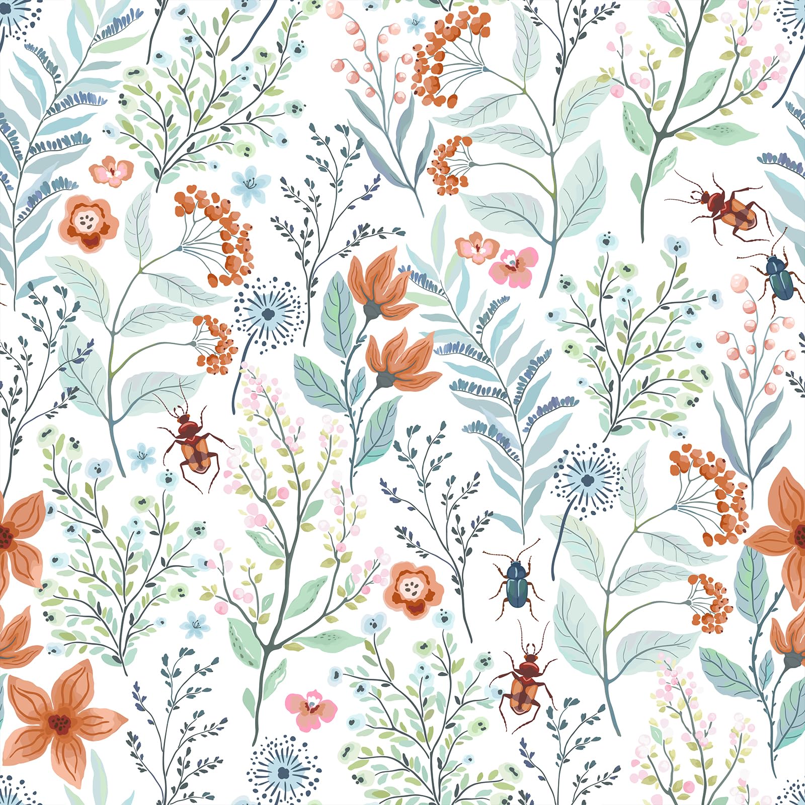 VEELIKE Beetles Floral Wallpaper Peel and Stick Blue Orange Flower Wallpaper for Bedroom Bathroom 17.7''x118'' Vintage Floral Contact Paper for