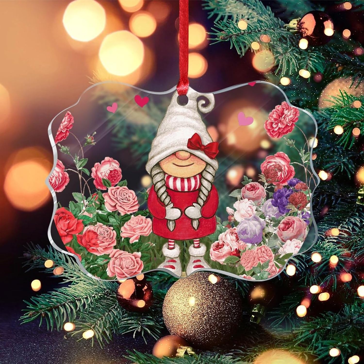 Custom Clear Ornament Valentine's Day Red Love Heart Gnome Roses Be Mine Acrylic Ornament Valentines Day Decor Christmas Xmas Tree Ornament Decoration Hanging Pendant Decor for Family Friend