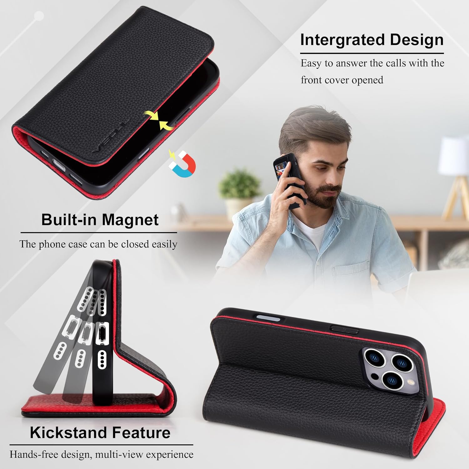 VISOUL Wallet Case for iPhone 16 Pro Max, Pebbled Genuine Leather Wallet Case with Card Holder Kickstand Flip Folio Cover Designed for iPhone 16 Pro Max(6.9 inch)-Black+Red - Image 4