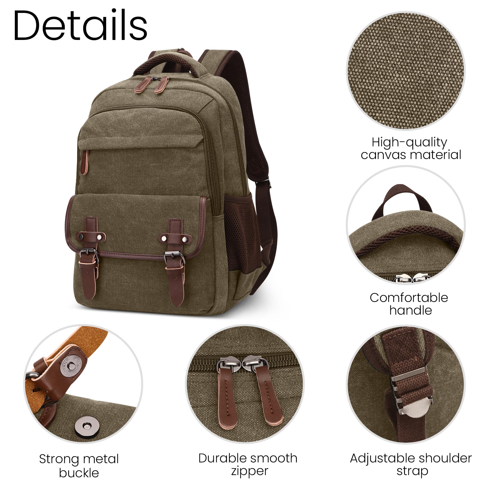 Retro Rucksack Herren Elegant Groß Kapazität Tagesrucksack für 15 Zoll Laptop mit Griff Mehrere Taschen Schulrucksack Reisen Lässig Arbeit Camping Täglich Leinwand Herren Backpack Grün