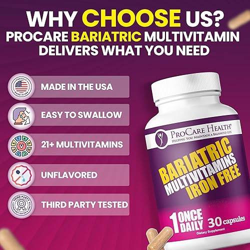 Miniatura 6 de Procare Health Multivitamínico bariátrico sin hierro (30 cápsulas vegetales de disolución rápida) – Vitaminas bariátricas para manga gástrica y