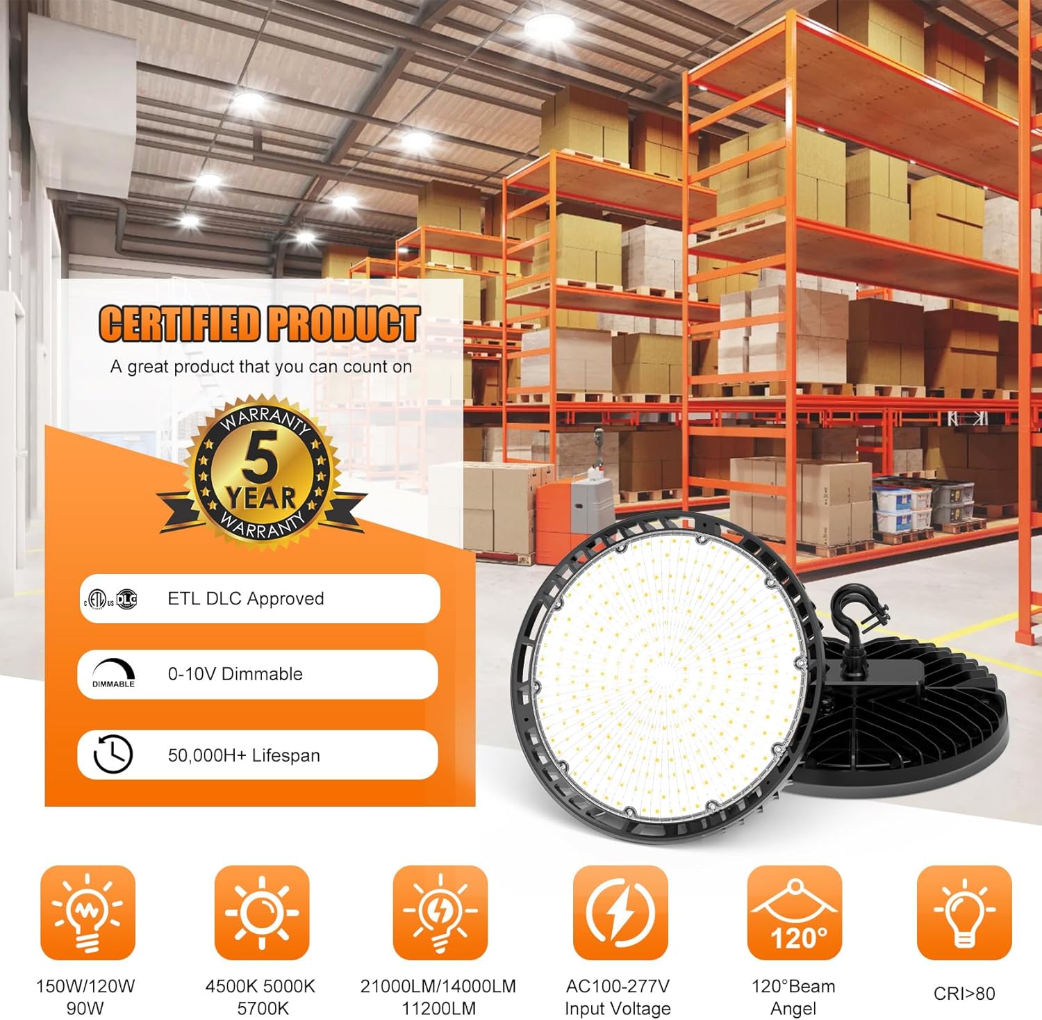 LED Temporary Work Light, LED High Bay Light, Commercial Bay Lighting for Garage Warehouse, ETL&DLC Listed