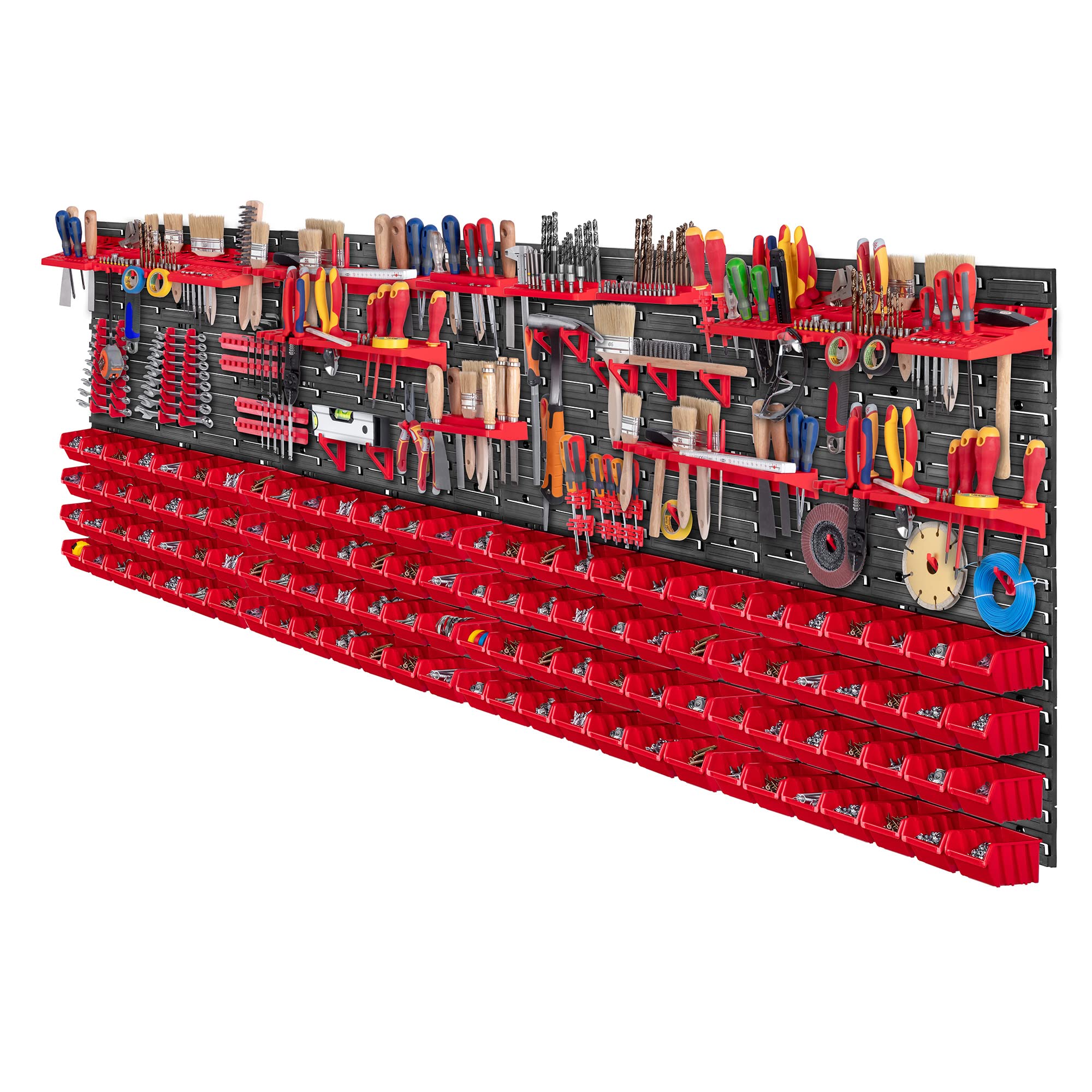 KADAX Lot de 162 Grande étagère murale à outils, système de stockage 232 x 78 cm, en plastique robuste, système modulaire résistant aux UV, plaques murales extensibles, étagère d'atelier (rouge