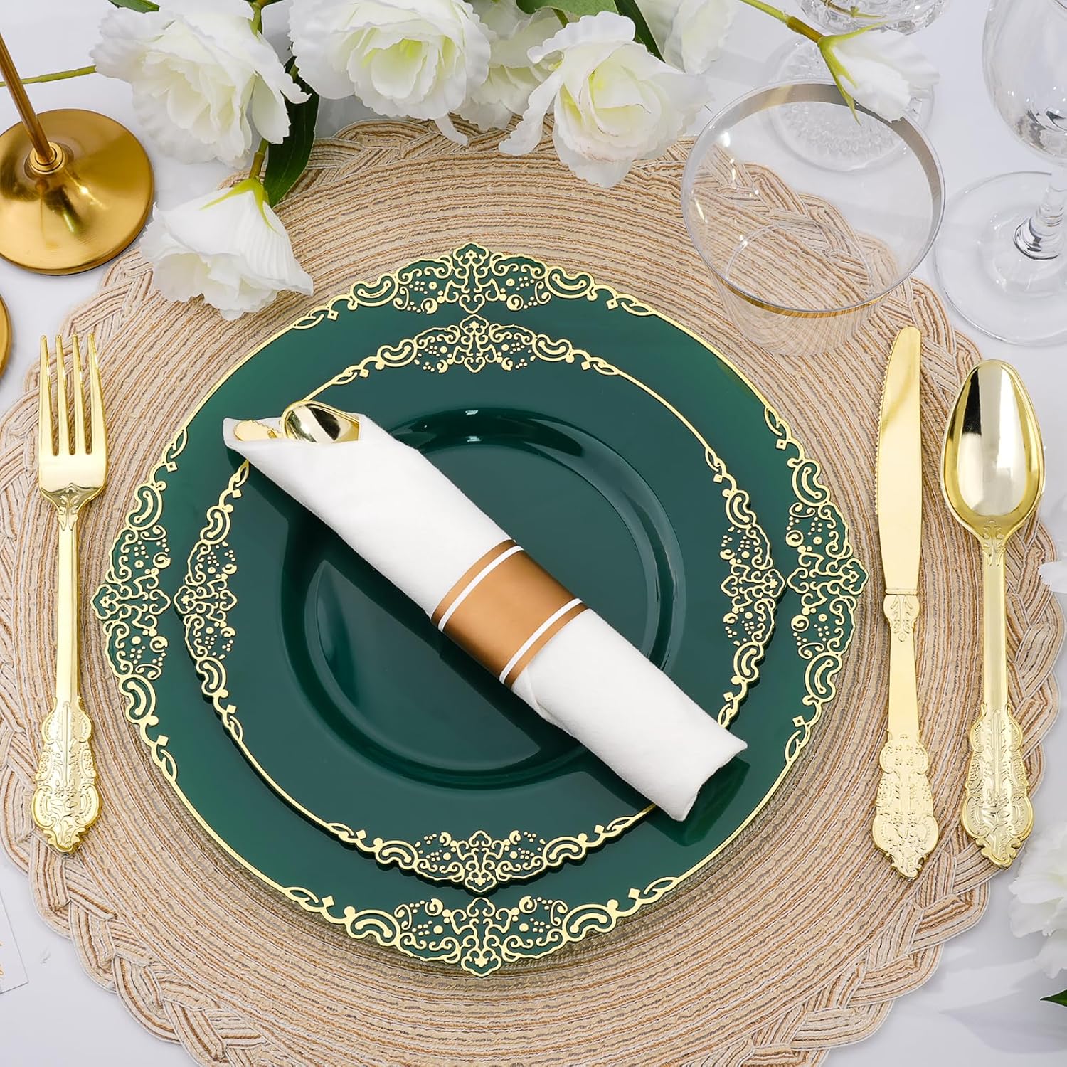 350 PCS Green and Gold Plastic Plates, Plastic Dinnerware Set for 50 Guests, 100 Disposable Plates, 150 Silverwares, 50 Cups, 50 Napkins for Party, Wedding, Graduation - Image 6