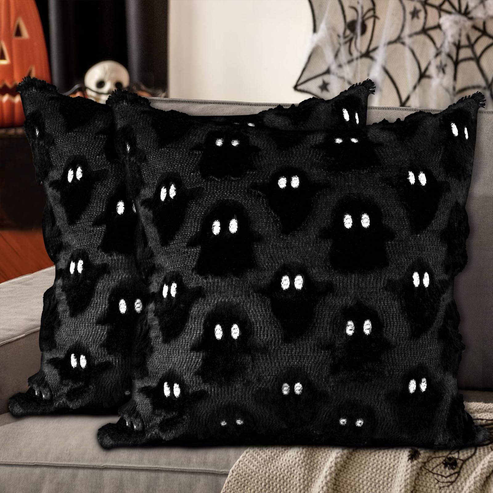 Fantôme housse de coussin Halloween 45x45 deco chambre parure oreiller noir grimace vintage