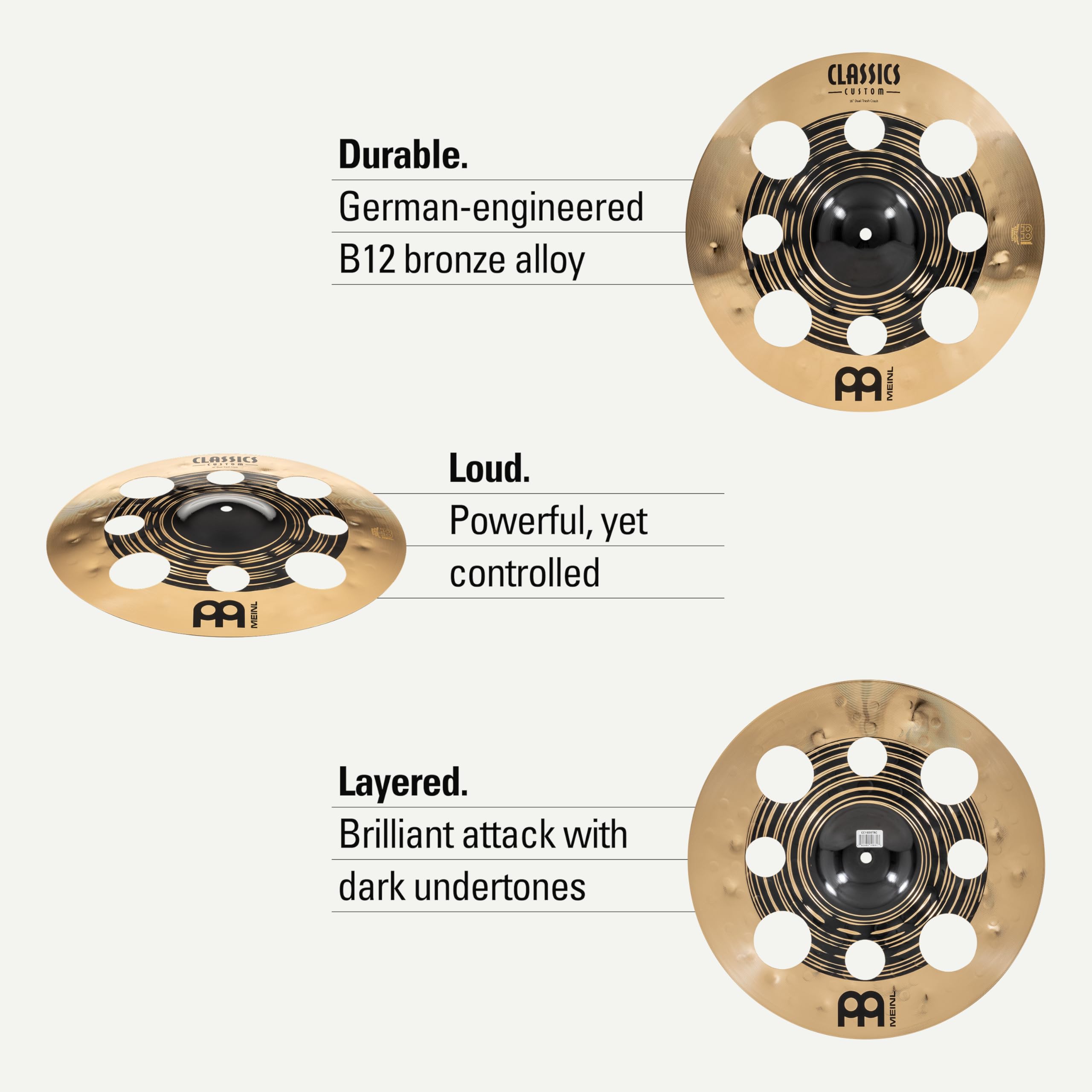 Meinl Cymbals Classics Custom Dual Cymbale Trash Crash 16 pouces (Vidéo) pour Batterie (40,64cm) Bronze B12, Deux Finitions - Fabriquée en Allemagne (CC16DUTRC)