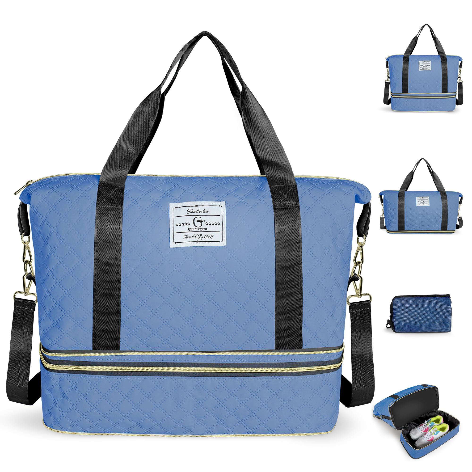 Geestock Weekender Reisetasche Damen, Travel Duffle Bag Reisetaschen mit Schuhfach, Sporttasche Gym Yoga Bag, Handgepäck Tasche für Sport Reise Flugzeug, Blau